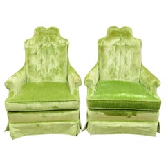 Retro Pair Silver Craft Lime Green Upholstered Button Tufted Club Lounge Chairs