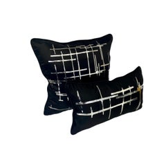 Pair Silver Criss Cross Black Silk Duchesse Satin Throw Pillows