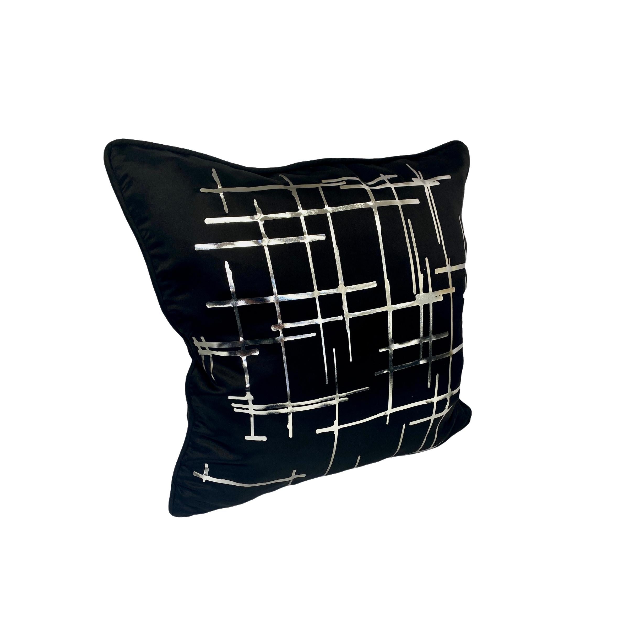 Minimalist Pair Silver Criss Cross Black Silk Duchesse Satin Throw Pillows For Sale