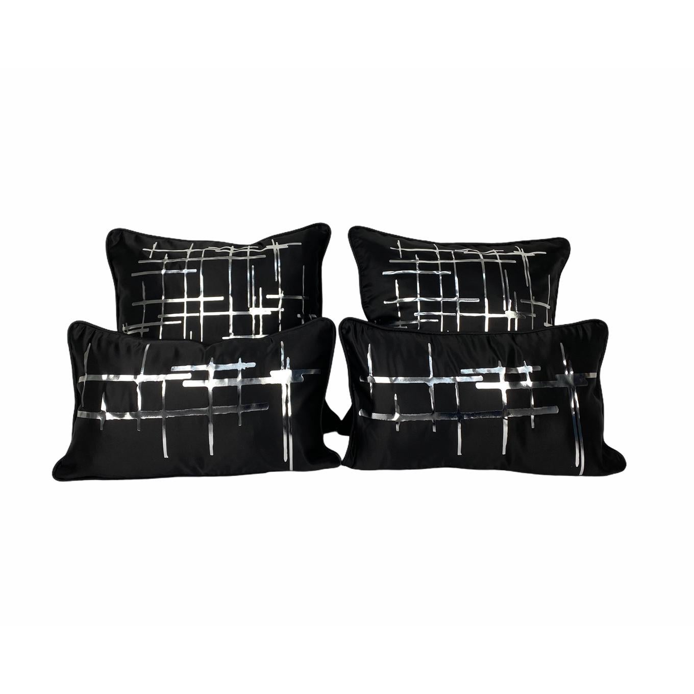 Pair Silver Criss Cross Black Silk Duchesse Satin Throw Pillows In New Condition For Sale In New York, NY