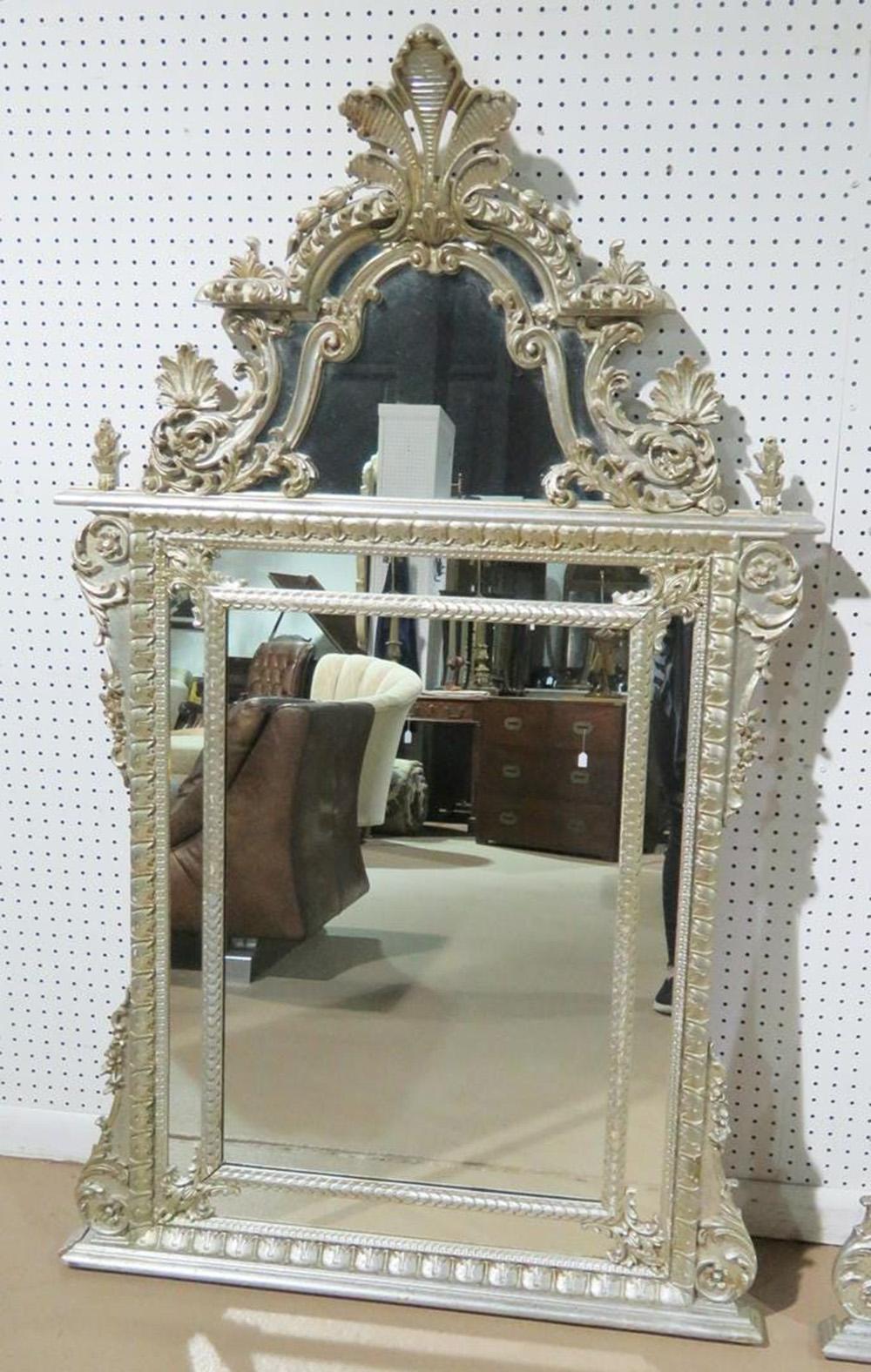 Pair of Silver Leaf Carved Italian Made LaBarge Mirrors, Circa 1970 In Good Condition In Swedesboro, NJ