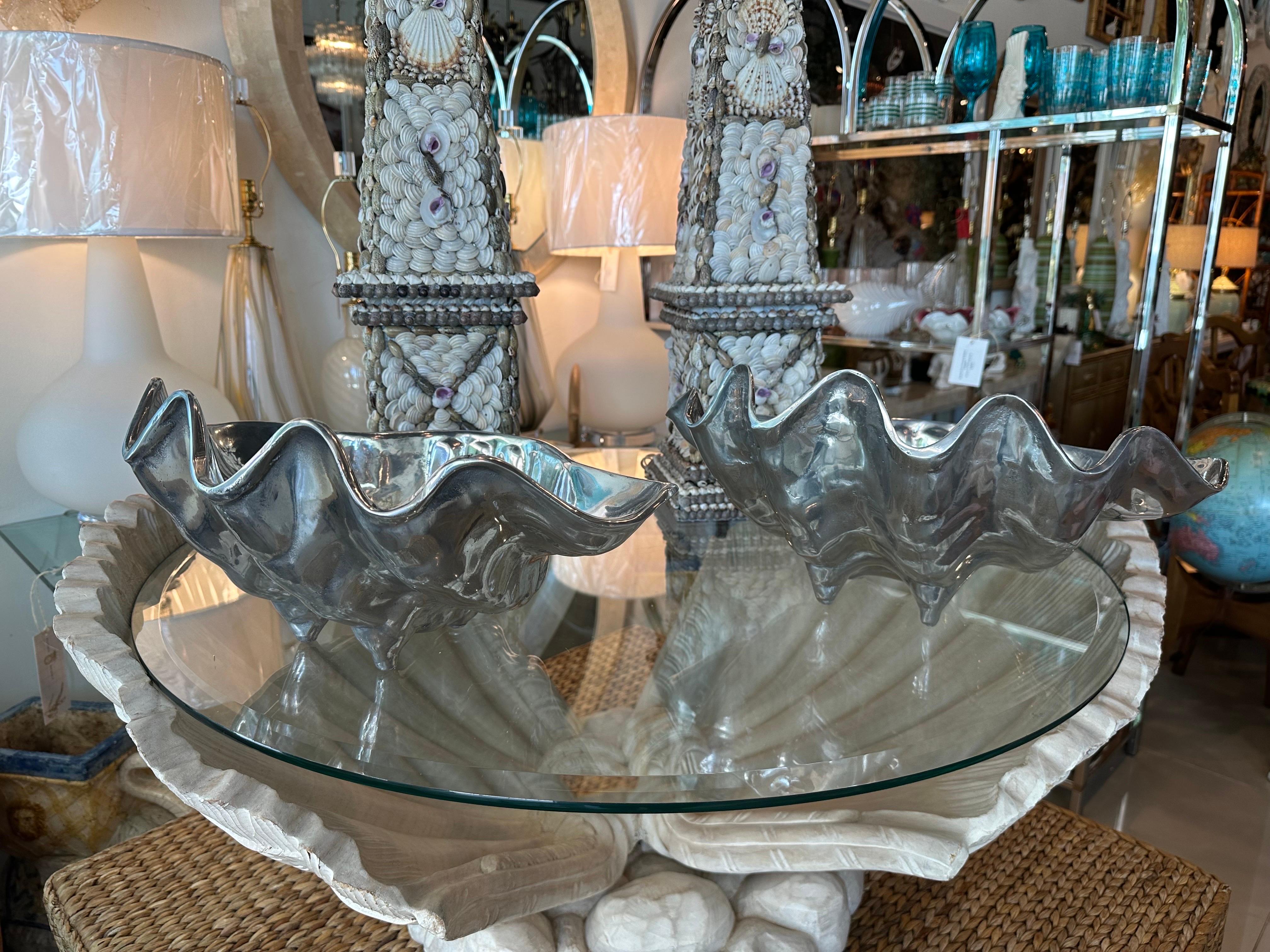  Pair Silver Metal Scalloped Clam Shell Vessel Bowl Planter Arthur Court Style For Sale 9