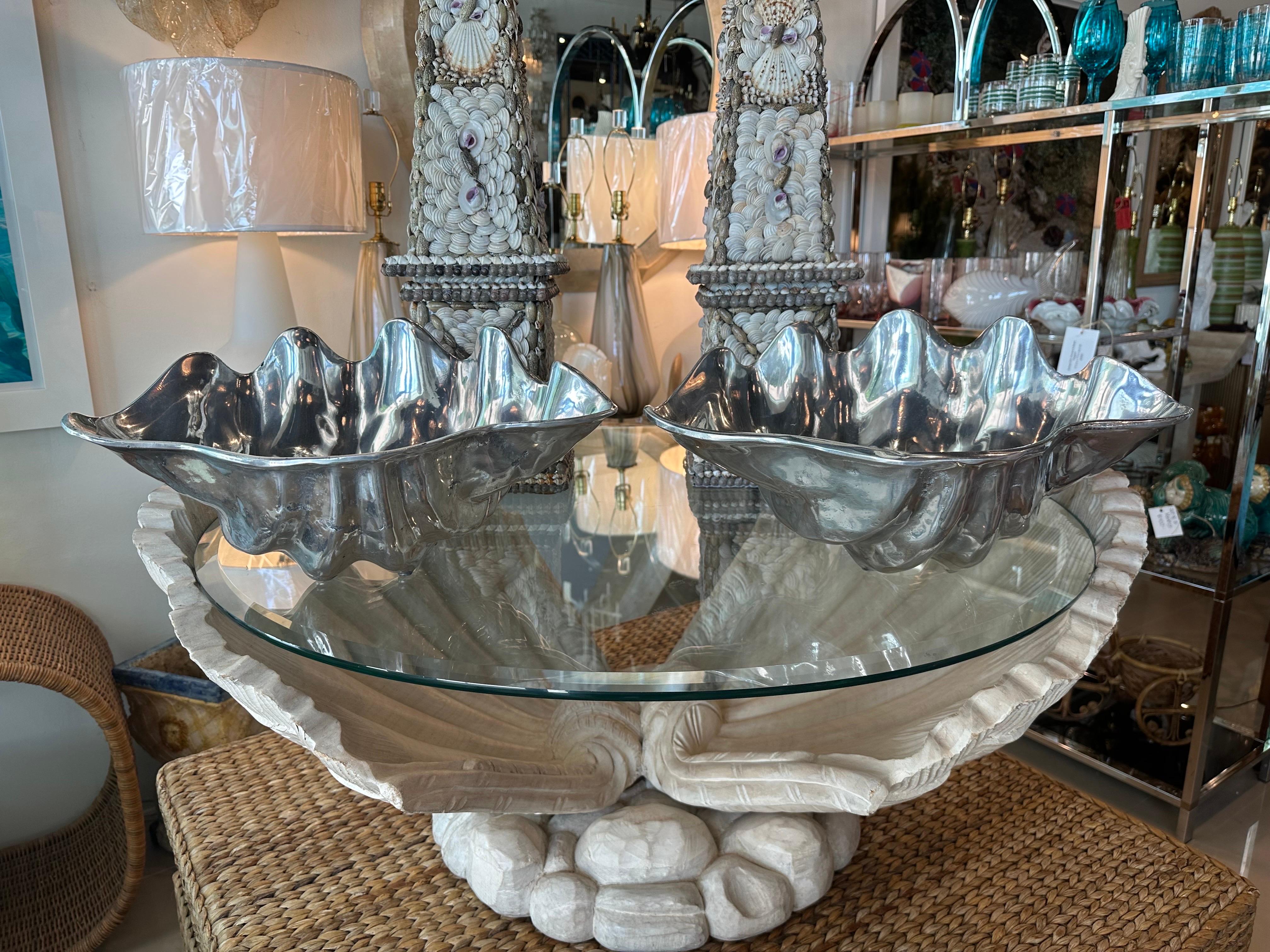  Pair Silver Metal Scalloped Clam Shell Vessel Bowl Planter Arthur Court Style In Good Condition For Sale In West Palm Beach, FL
