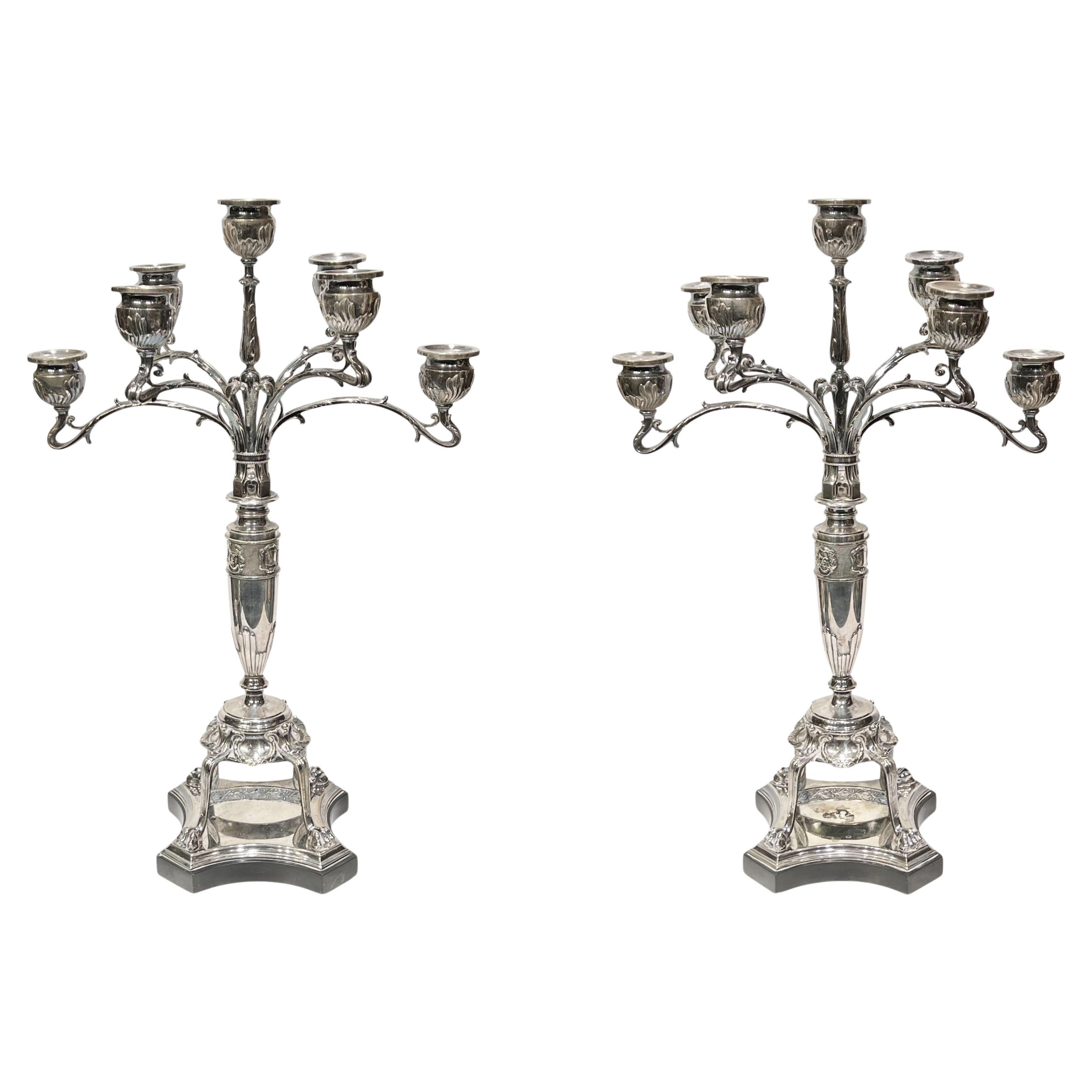 Pair Silver Plate Candelabra in Medieval / Renaissance Style For Sale
