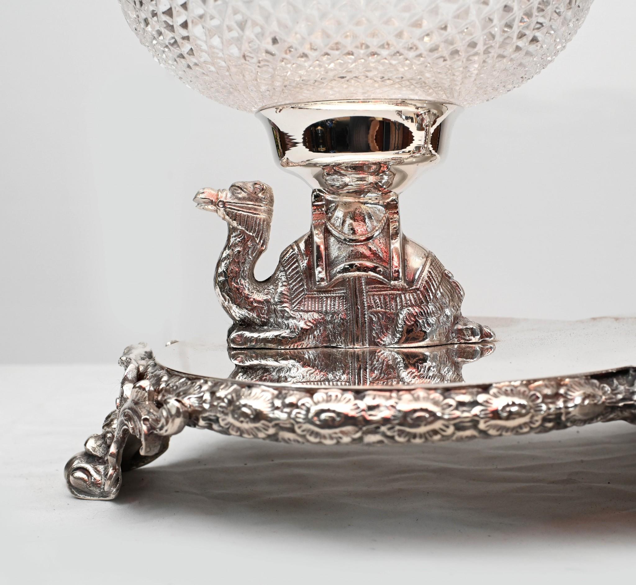 Late 20th Century Pair Silver Plate Centrepieces - Camel Epergne Glass Bowl Sheffield For Sale