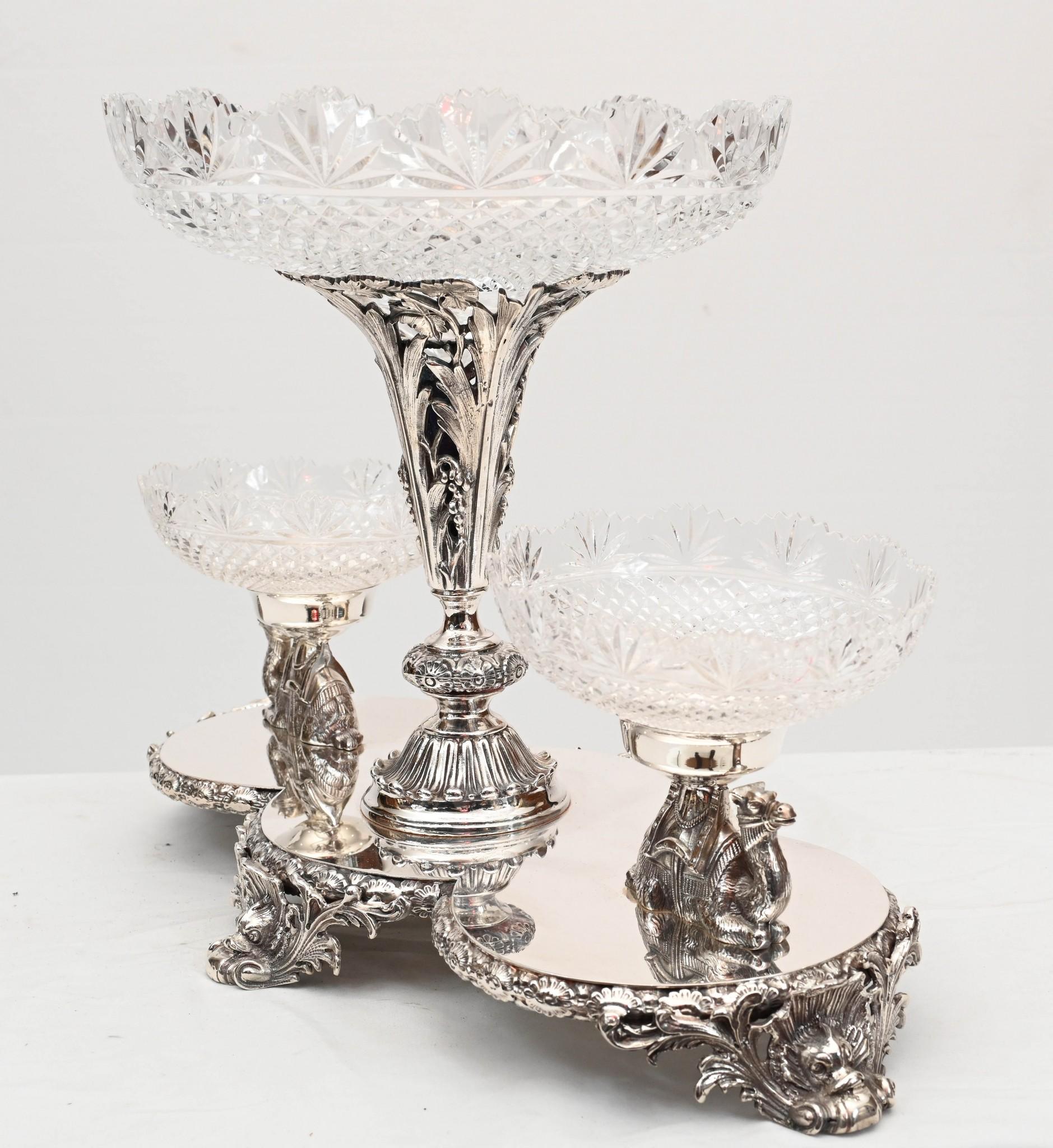 Pair Silver Plate Centrepieces - Camel Epergne Glass Bowl Sheffield For Sale 1
