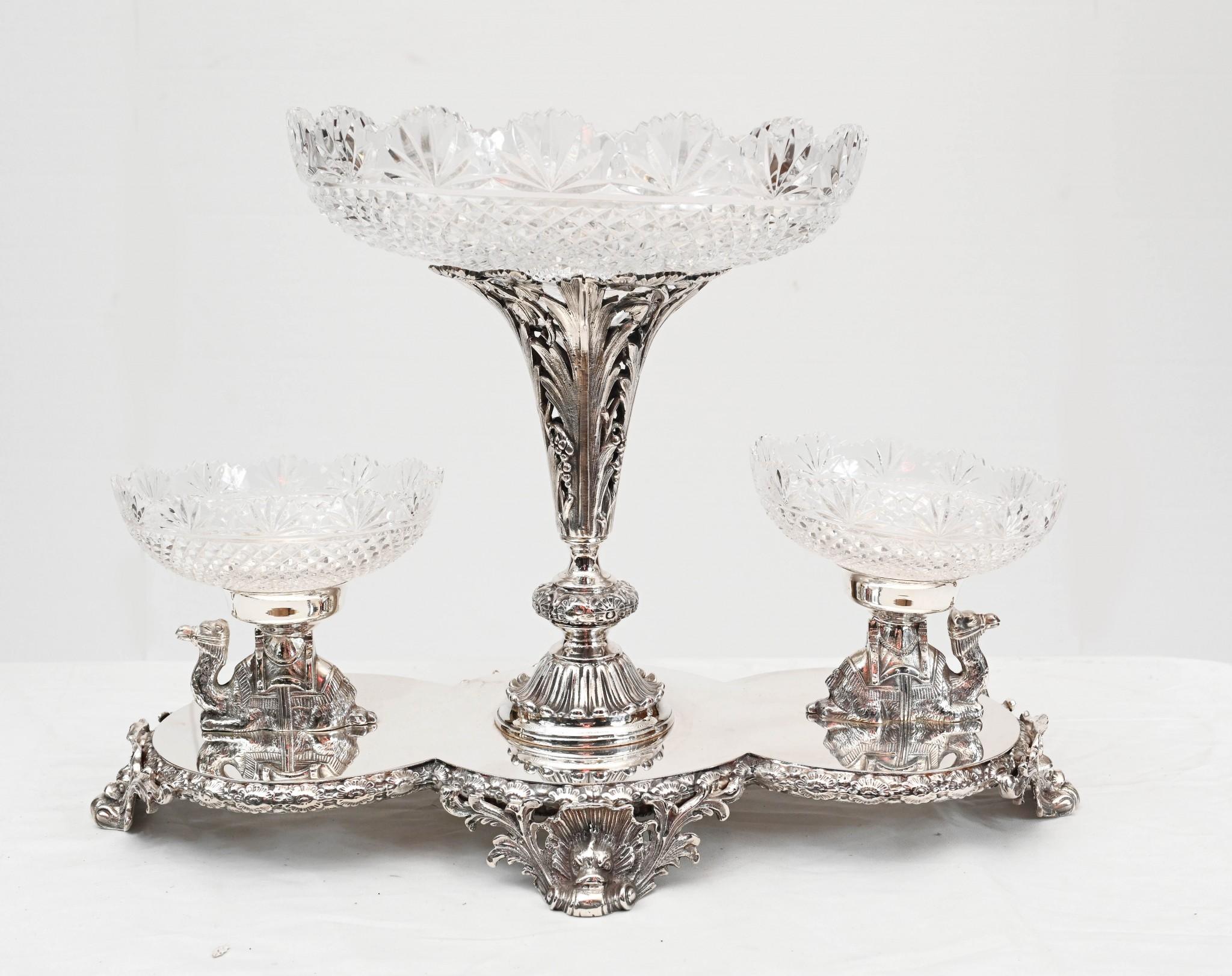 Pair Silver Plate Centrepieces - Camel Epergne Glass Bowl Sheffield For Sale 2
