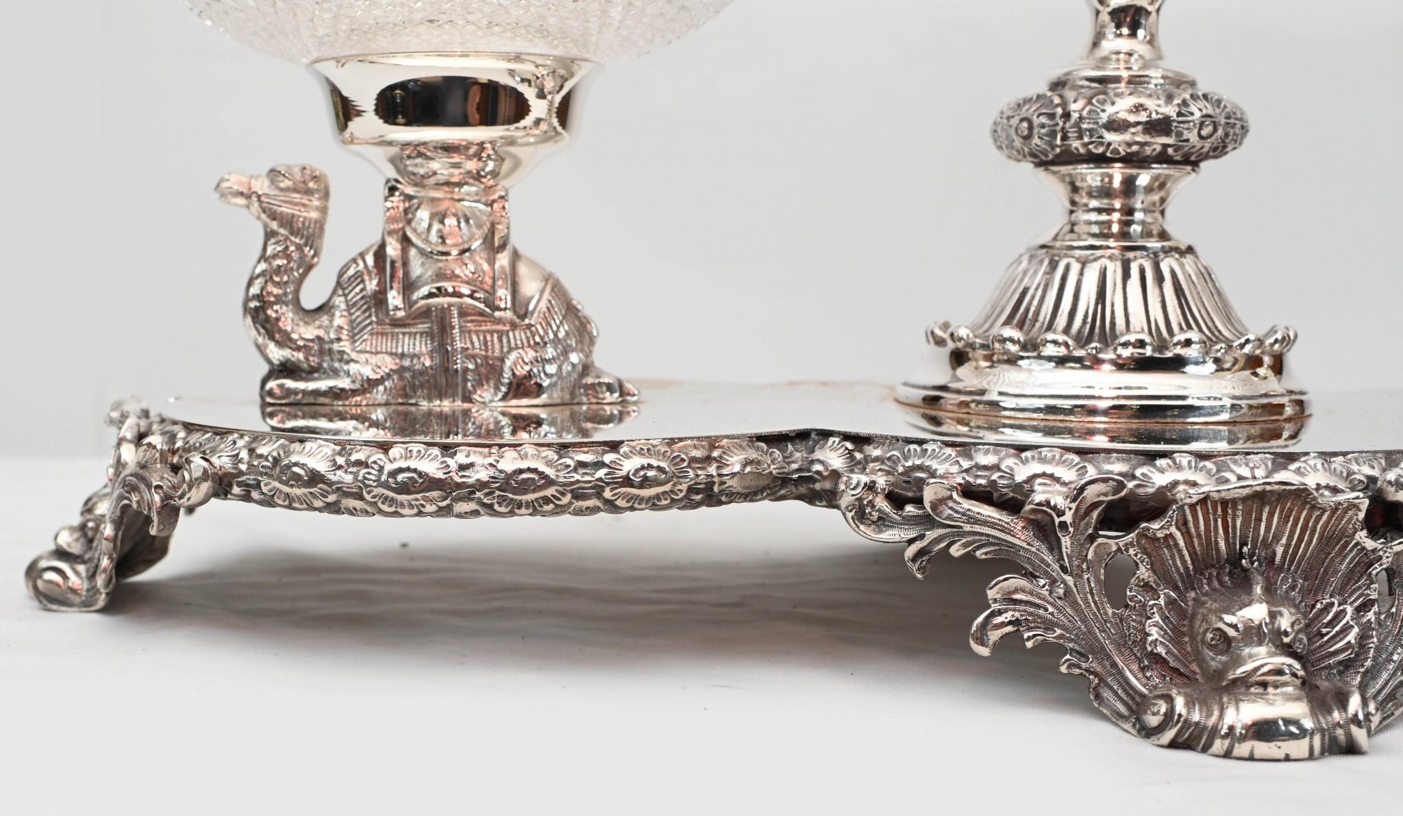 Pair Silver Plate Centrepieces - Camel Epergne Glass Bowl Sheffield For Sale 4