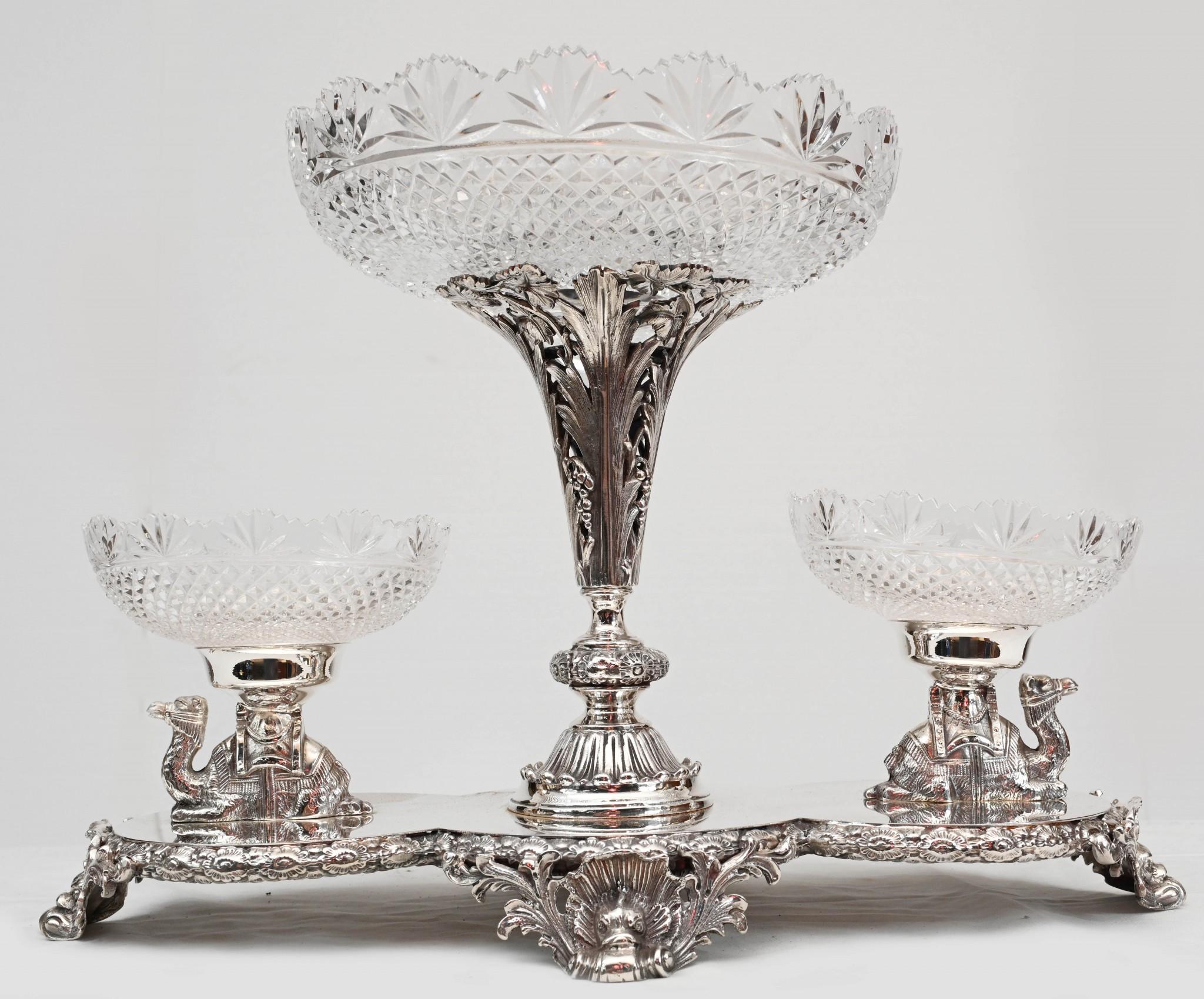Pair Silver Plate Centrepieces - Camel Epergne Glass Bowl Sheffield For Sale 5