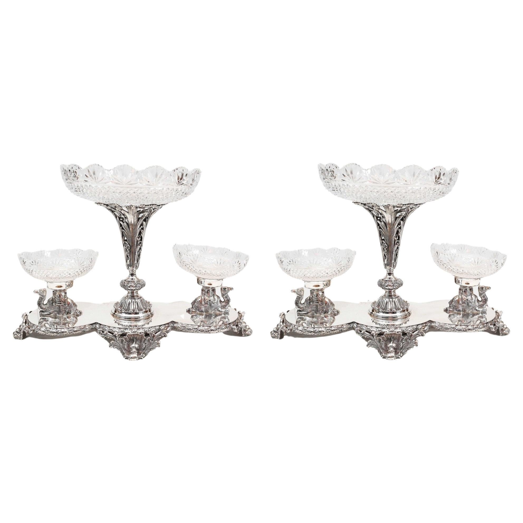 Pair Silver Plate Centrepieces - Camel Epergne Glass Bowl Sheffield