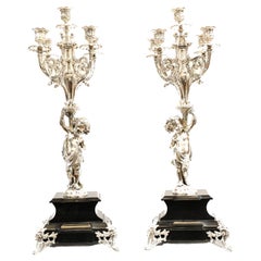 Pair Silver Plate Cherub Candelabras Candles. French, 1880