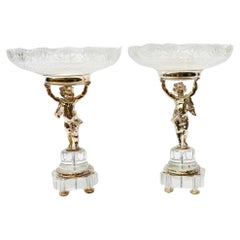 Vintage Pair Silver Plate Cherub Comports French Rock Crystal Statues