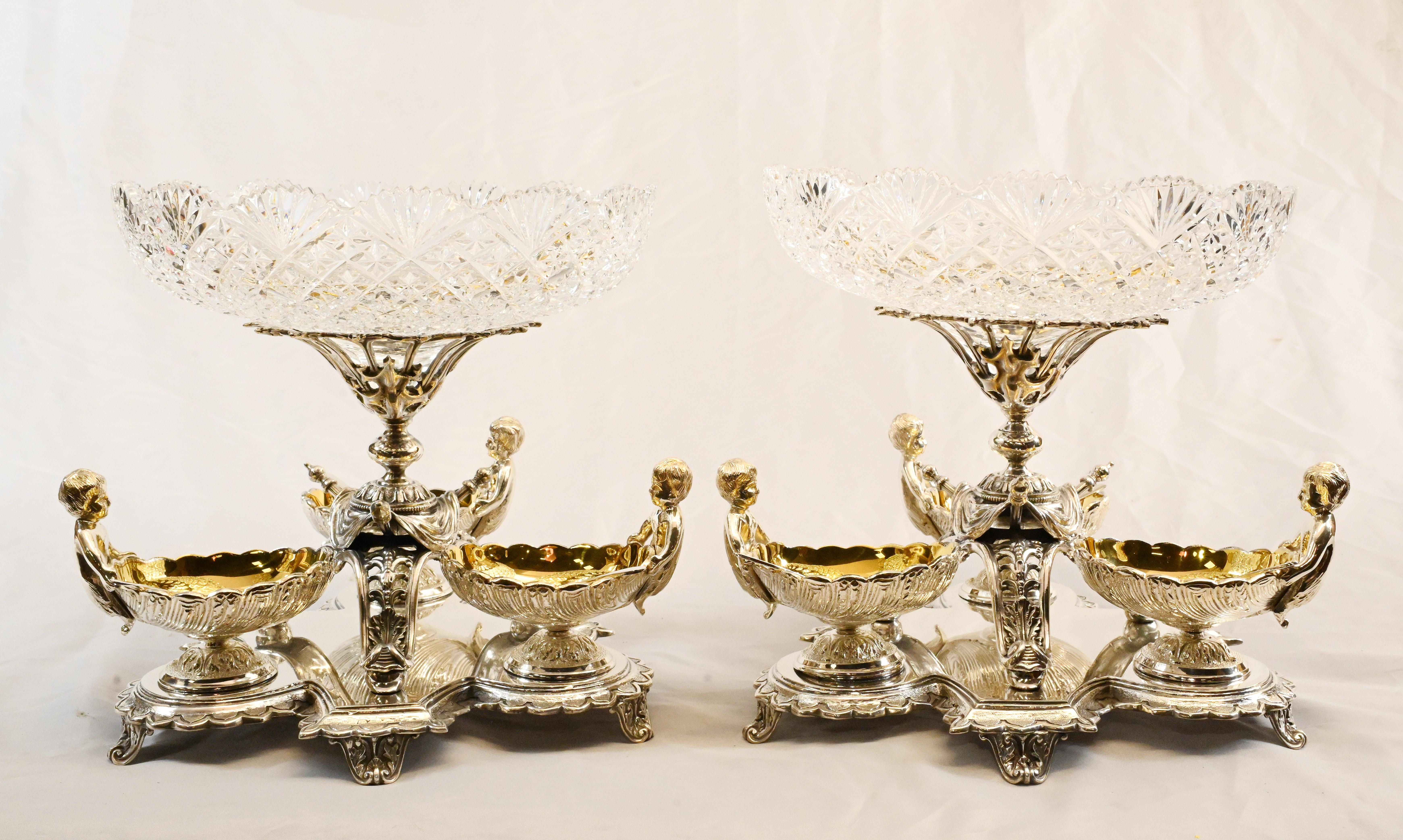 Pair Silver Plate Cherub Dishes, Glass Bowl Comports Sheffield Dippers Centrepi For Sale 5
