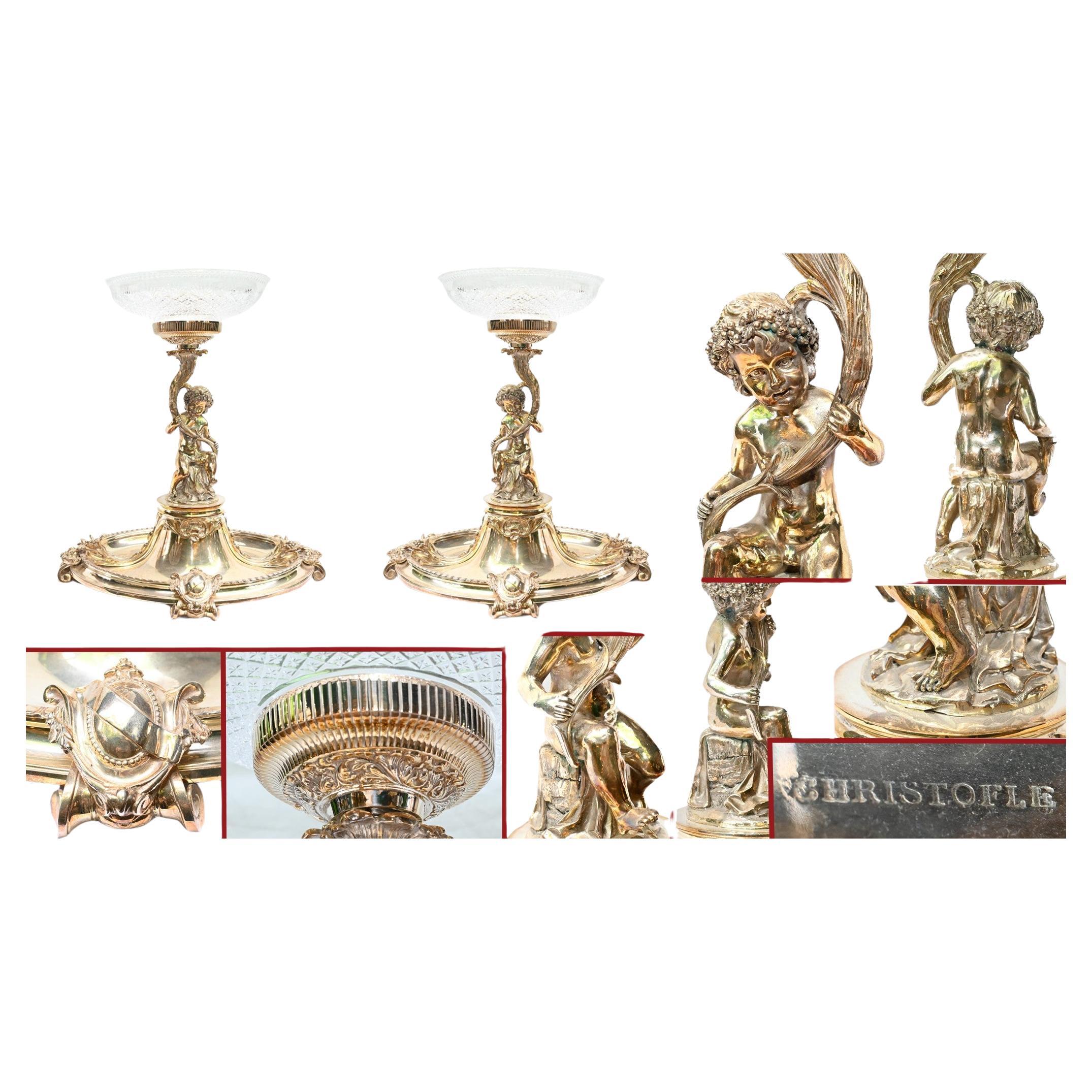 Pair Silver Plate Cherub Tazzas Centrepieces Christofle