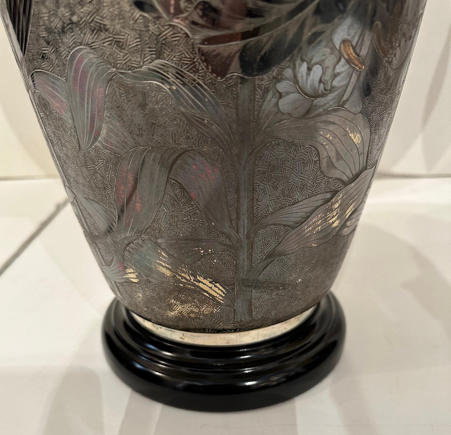 European Pair Silver Plate Etched Vases Made Into Lamps For Sale
