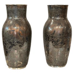 Pair Silver Plate Etched Vases