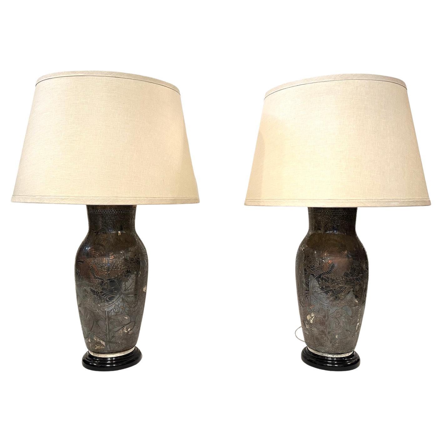 Pair Silver Plate Etched Vases Made Into Lamps