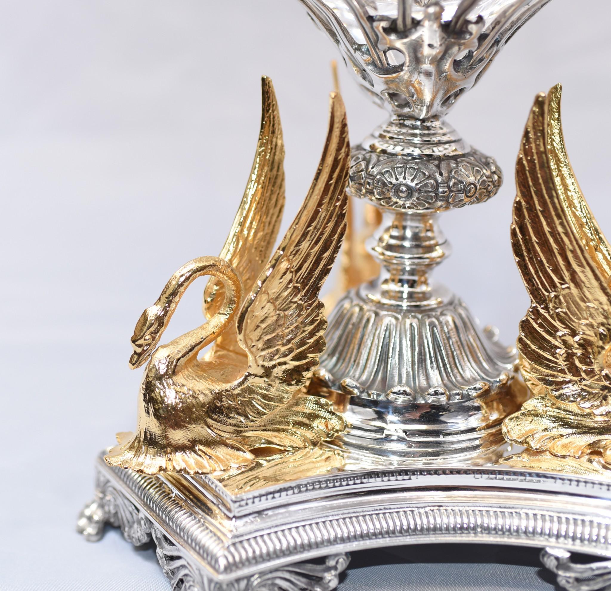 - Stunning pair of English Sheffield silver plate epergnes or dishes
- Main visual draw of course are the gilt swans supporting the cut glass crystal dish - simply exquisite
- These could raise the bar for any chips and salsa party!
- Silver