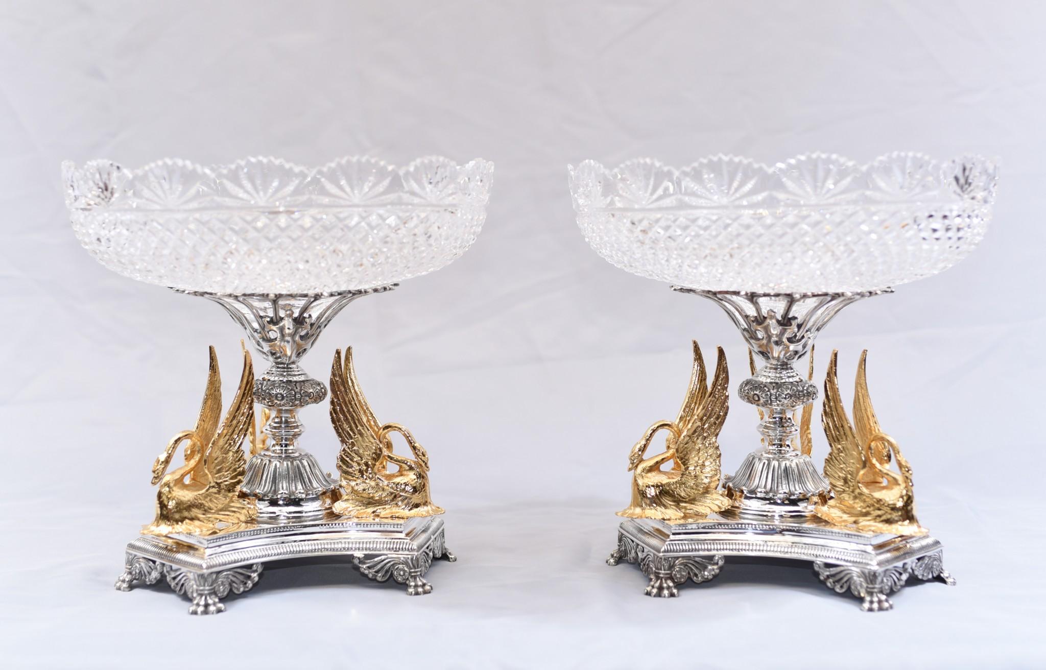 Late 20th Century Pair Silver Plate Swan Dishes, Sheffield Epergnes Gilt Dippers Cut Glass Plates
