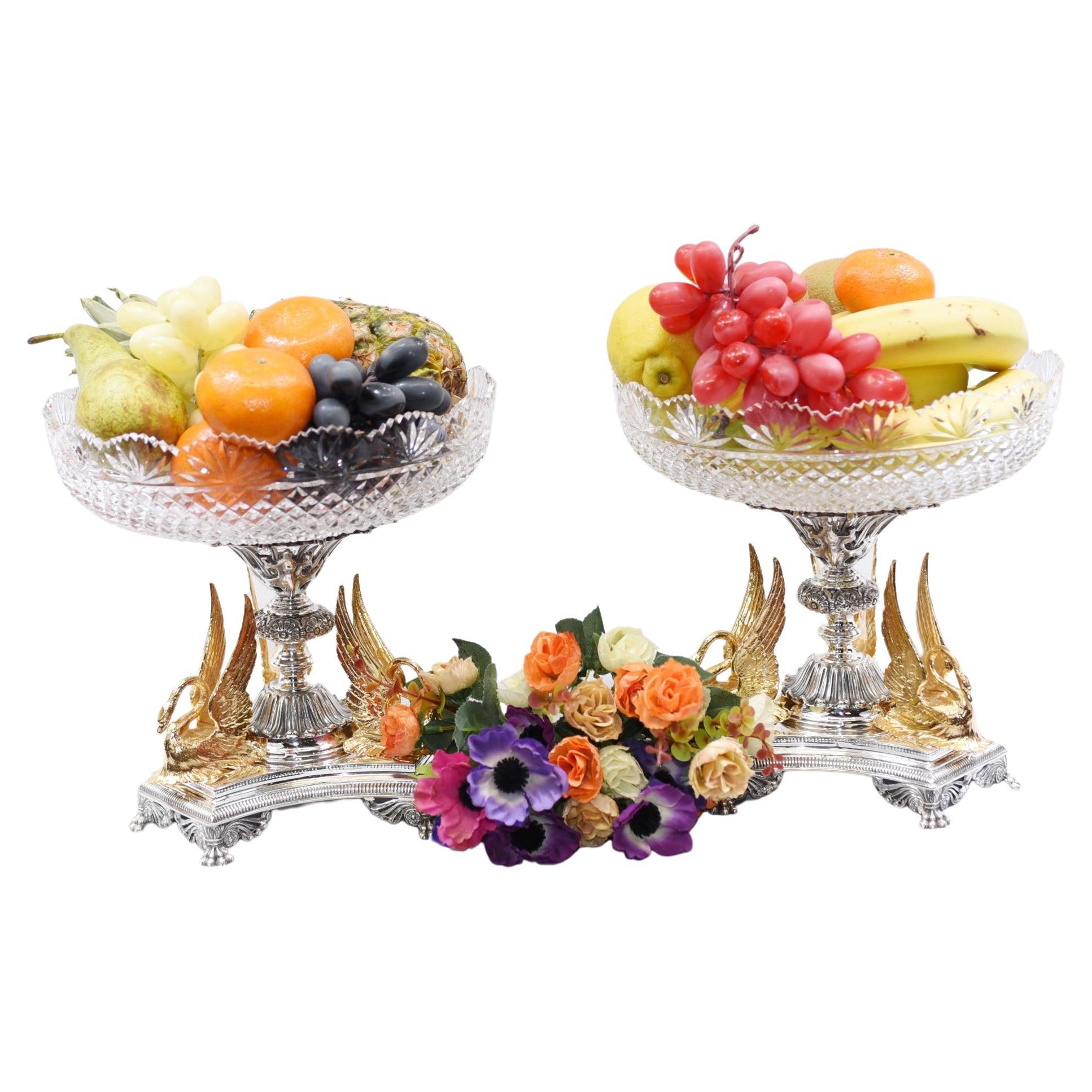 Paire de plats en forme de cygne en argent - Assiettes en verre taillé Sheffield Epergnes Gilt Dippers