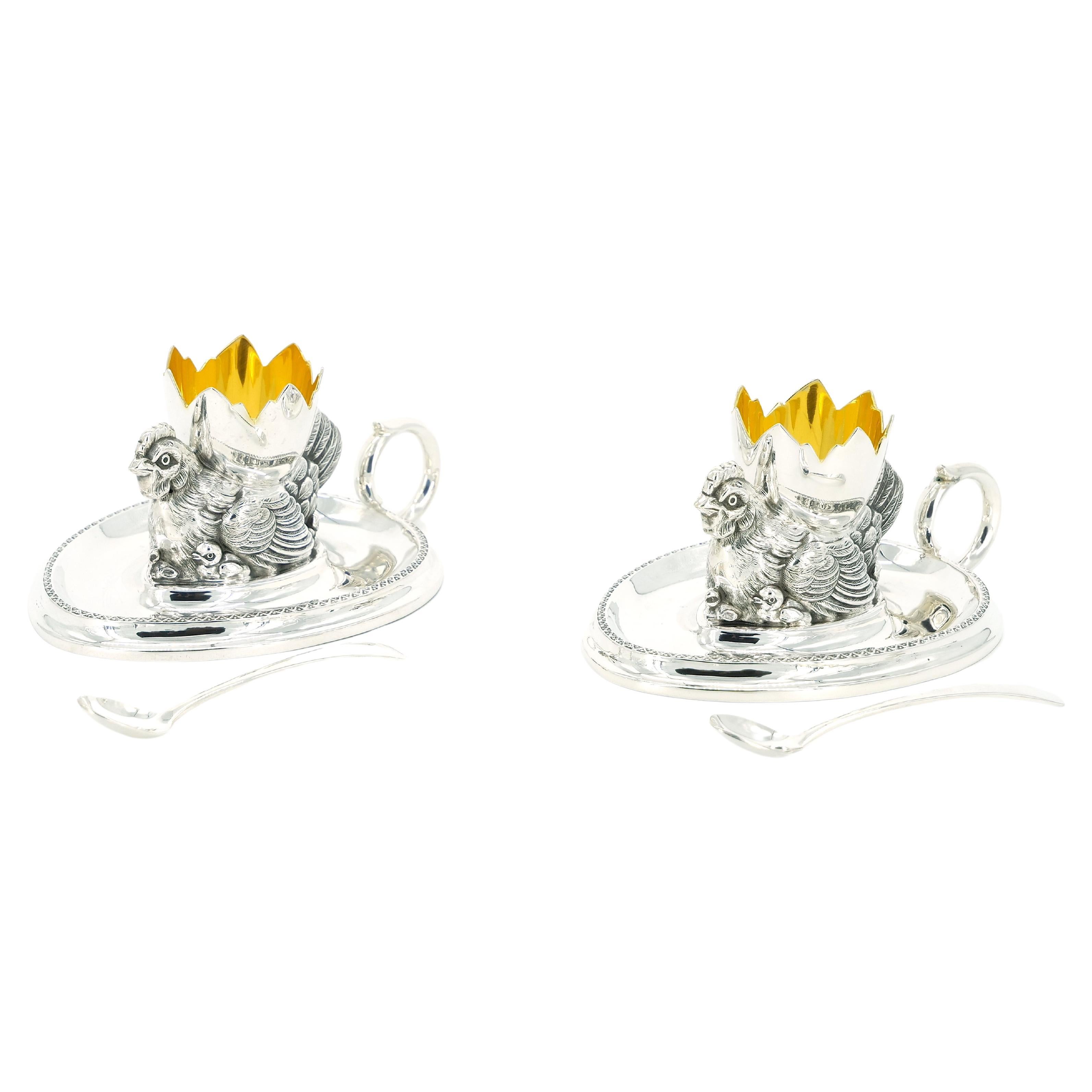 Italian Pair Silver Plate Tableware Chicken Figurine With soft Boiled Egg Holder / Spoon For Sale