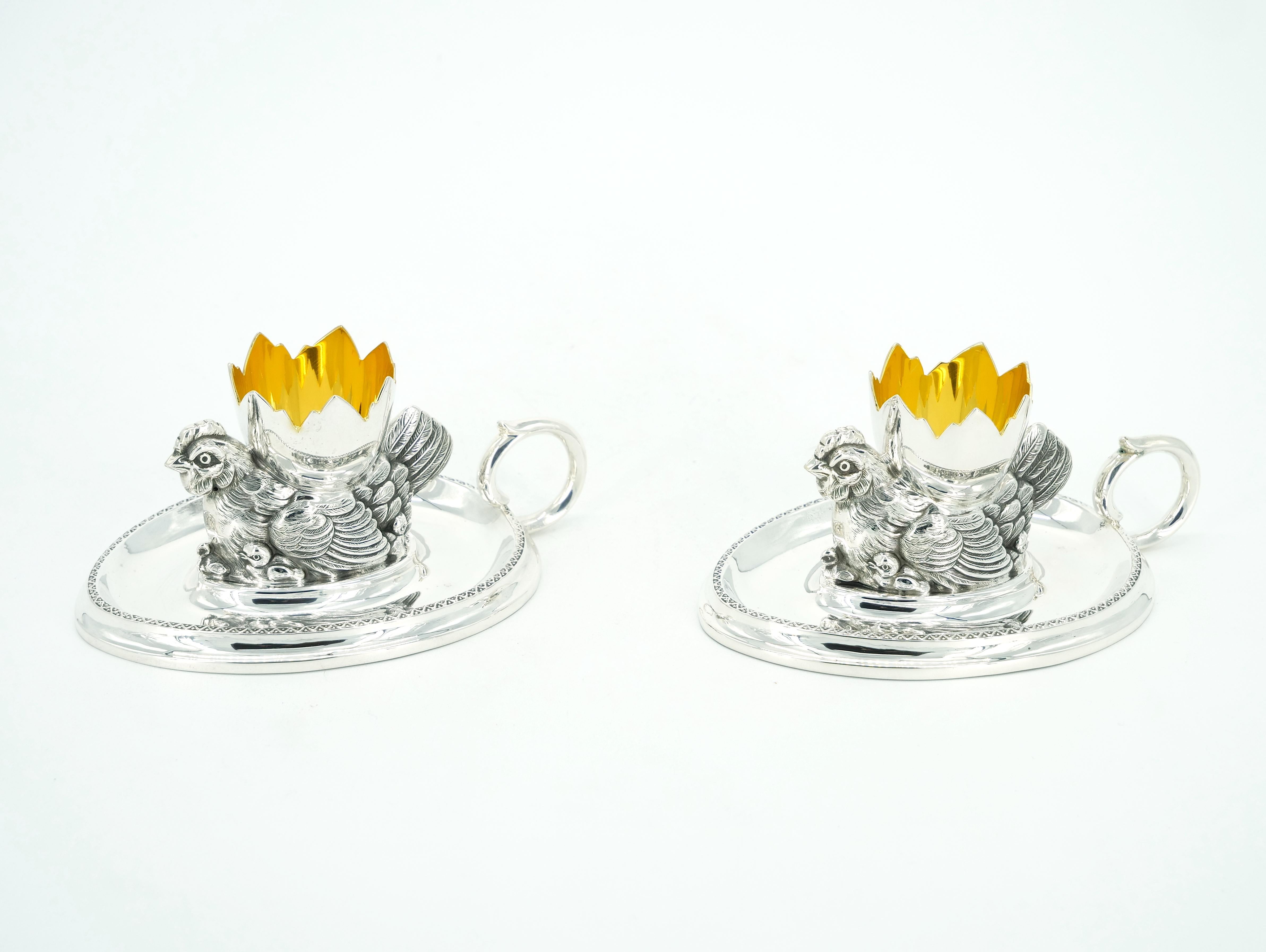 20th Century Pair Silver Plate Tableware Chicken Figurine With soft Boiled Egg Holder / Spoon For Sale