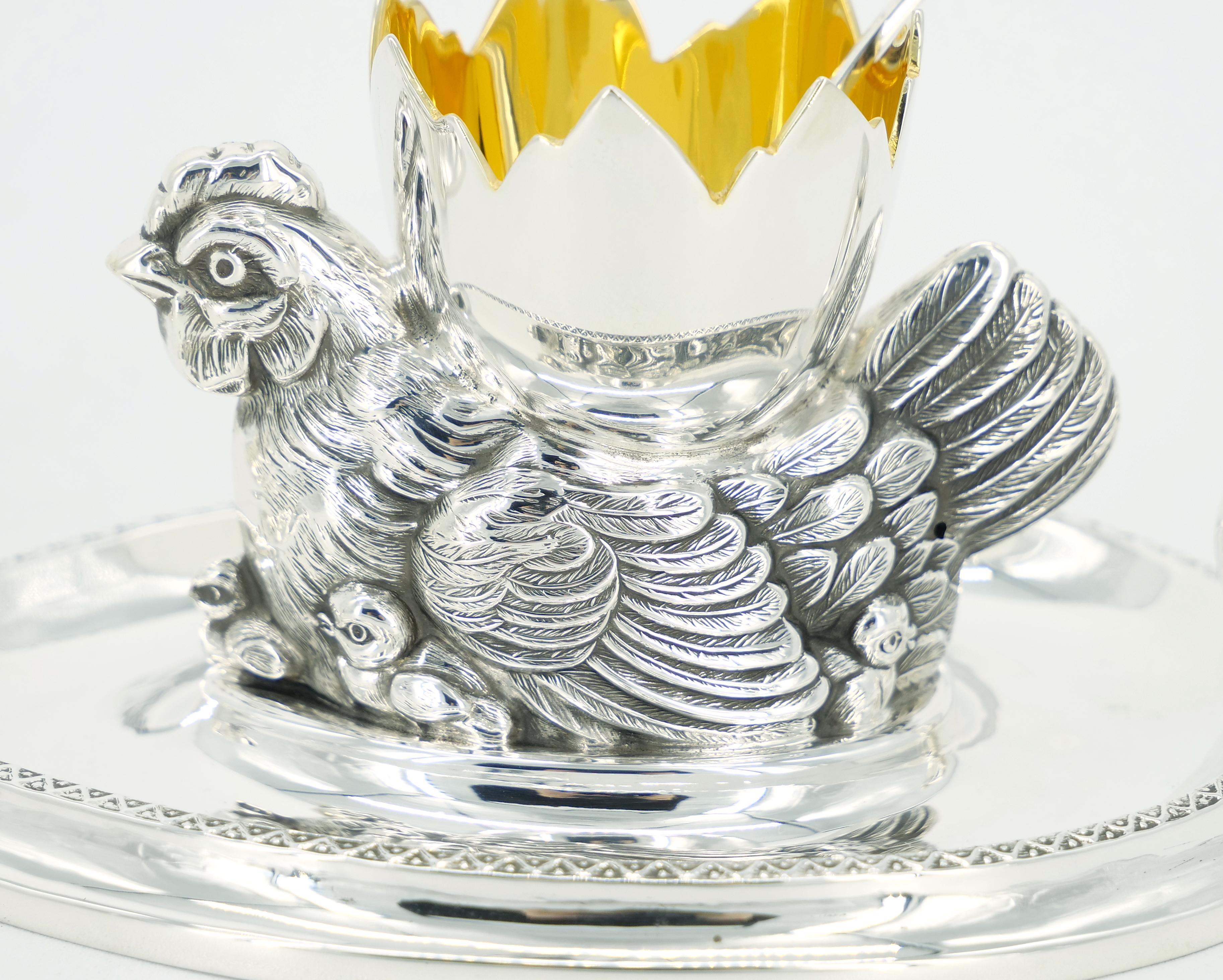 Pair Silver Plate Tableware Chicken Figurine With soft Boiled Egg Holder / Spoon For Sale 1