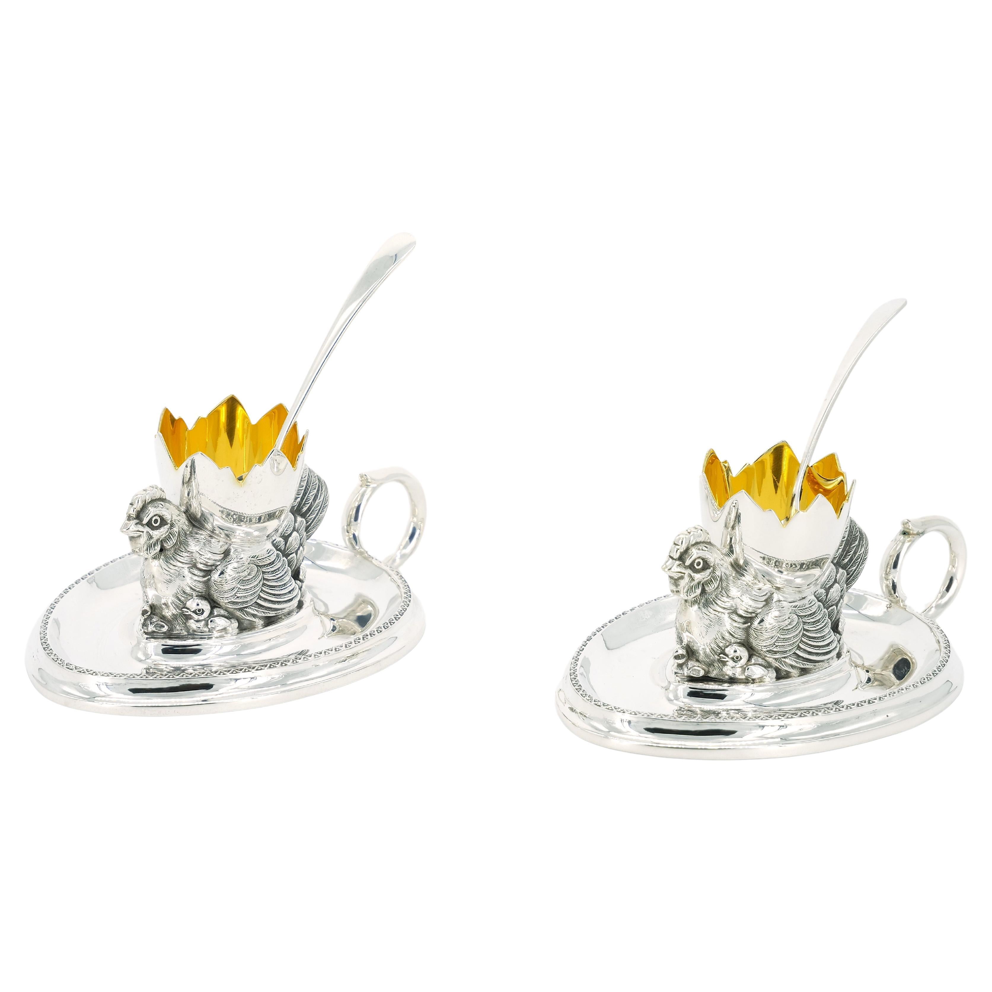 Pair Silver Plate Tableware Chicken Figurine With soft Boiled Egg Holder / Spoon For Sale