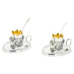 Pair Silver Plate Tableware Chicken Figurine With soft Boiled Egg Holder / Spoon