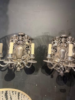 1900 Caldwell Silver Plated Sconces with Cherubs 3 Lights