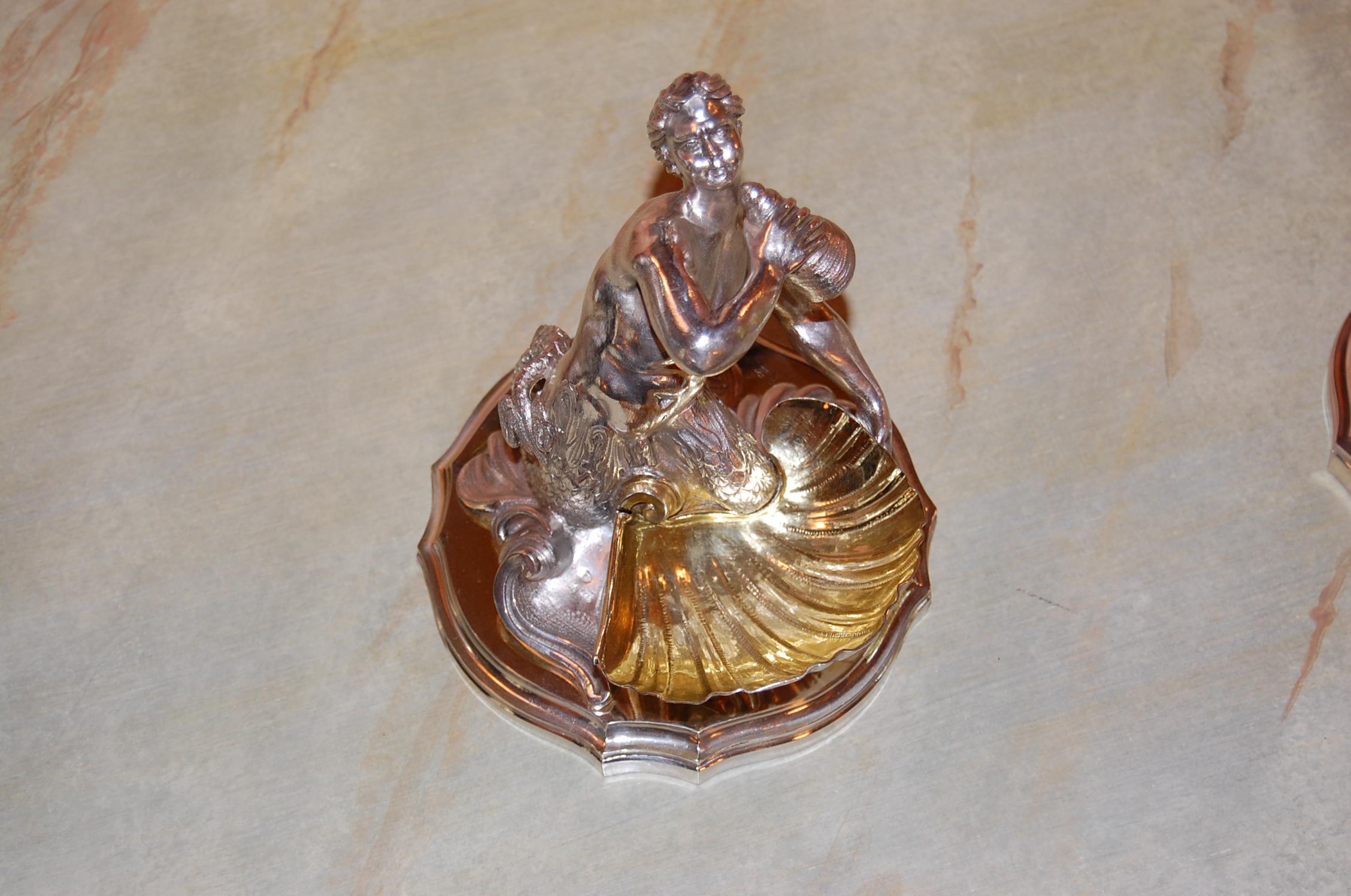 Silver Plated Candy/ Nut Bowls Depicting a Neptune God-Like Mermaid Figure, Pair For Sale 3