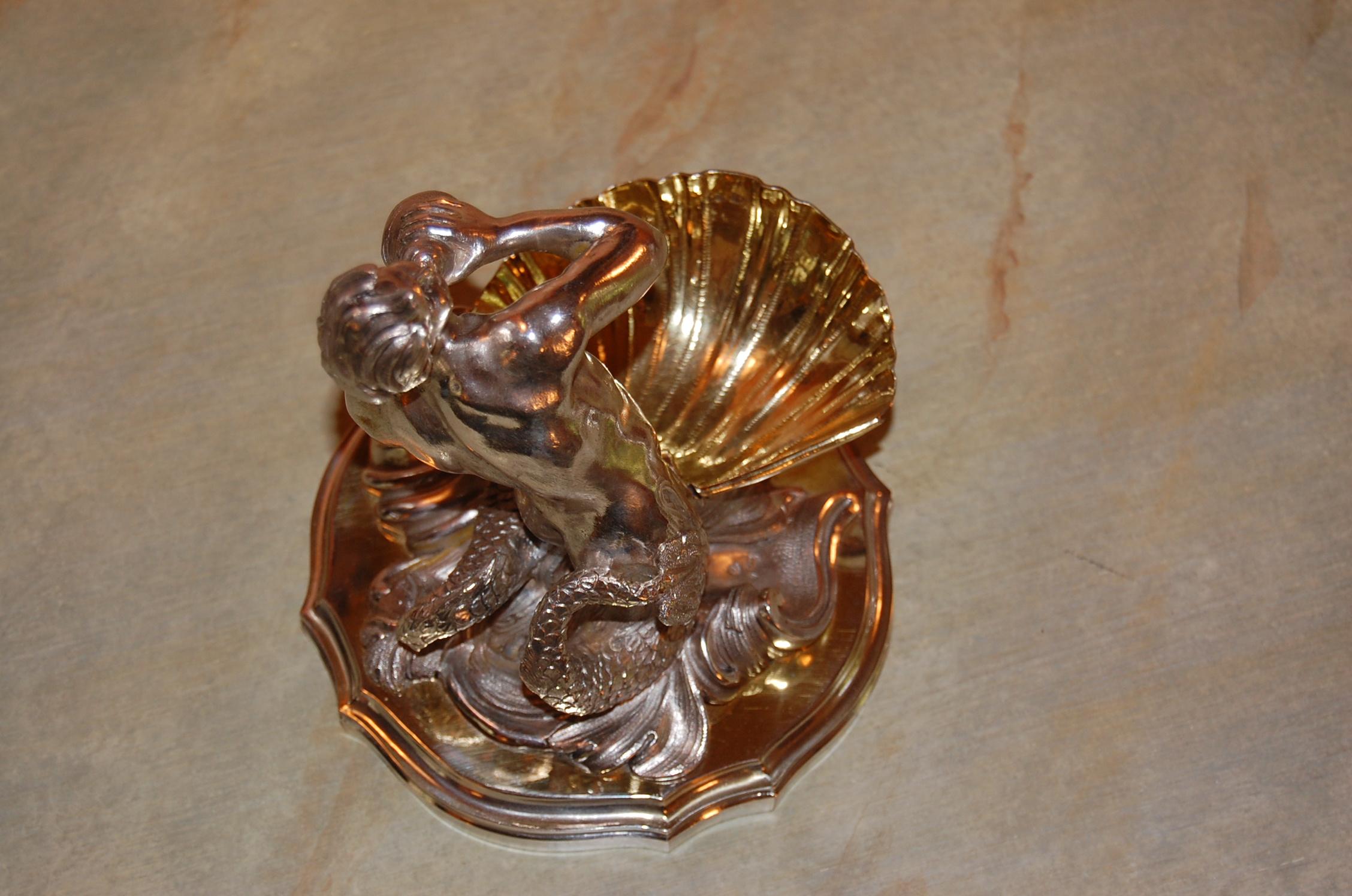 Silver Plated Candy/ Nut Bowls Depicting a Neptune God-Like Mermaid Figure, Pair For Sale 4