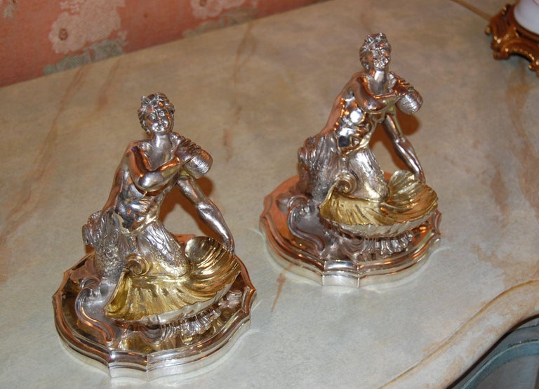 Victorian Silver Plated Candy/ Nut Bowls Depicting a Neptune God-Like Mermaid Figure, Pair For Sale