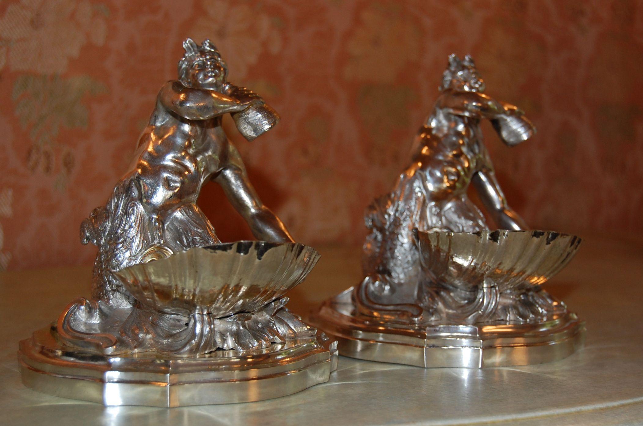 British Silver Plated Candy/ Nut Bowls Depicting a Neptune God-Like Mermaid Figure, Pair For Sale