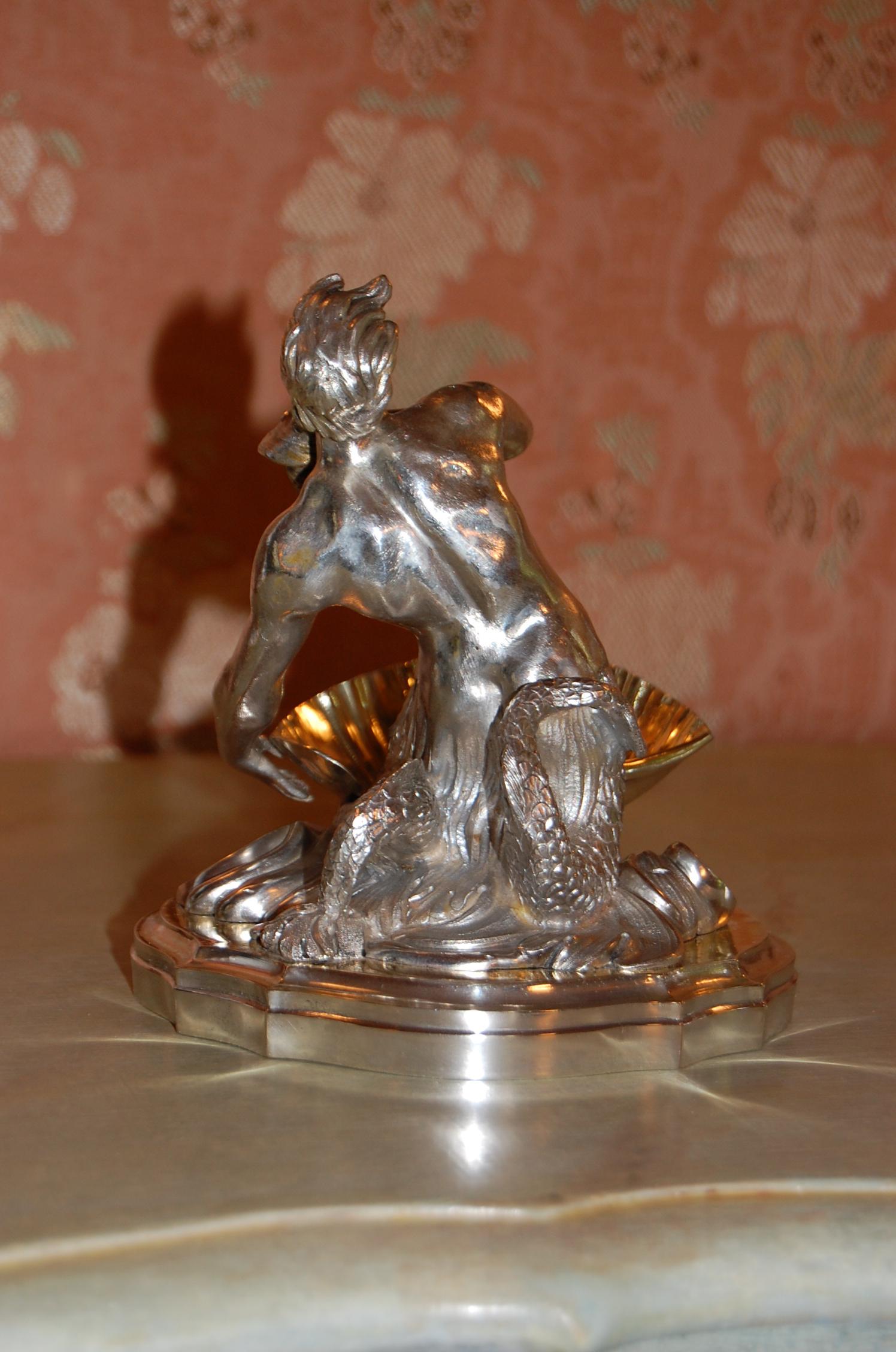 Lacquered Silver Plated Candy/ Nut Bowls Depicting a Neptune God-Like Mermaid Figure, Pair For Sale