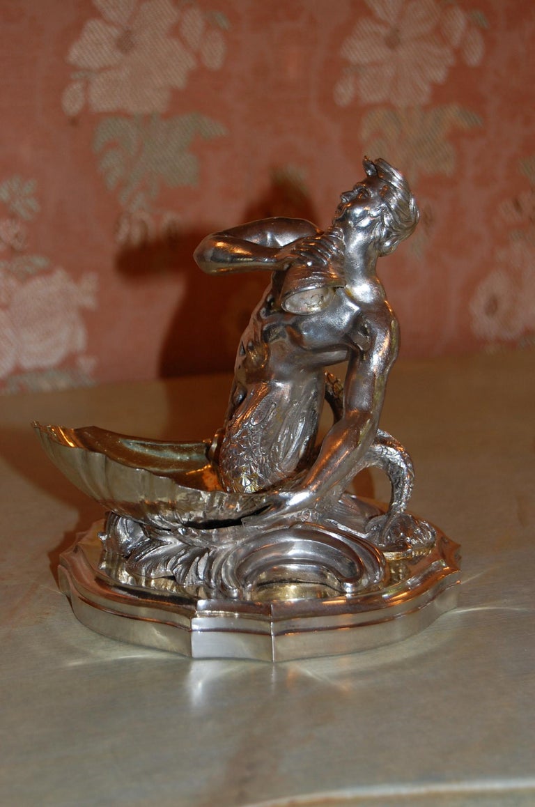 Silver Plated Candy/ Nut Bowls Depicting a Neptune God-Like Mermaid Figure, Pair In Excellent Condition For Sale In Pittsburgh, PA
