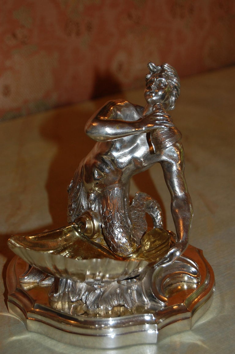 19th Century Silver Plated Candy/ Nut Bowls Depicting a Neptune God-Like Mermaid Figure, Pair For Sale