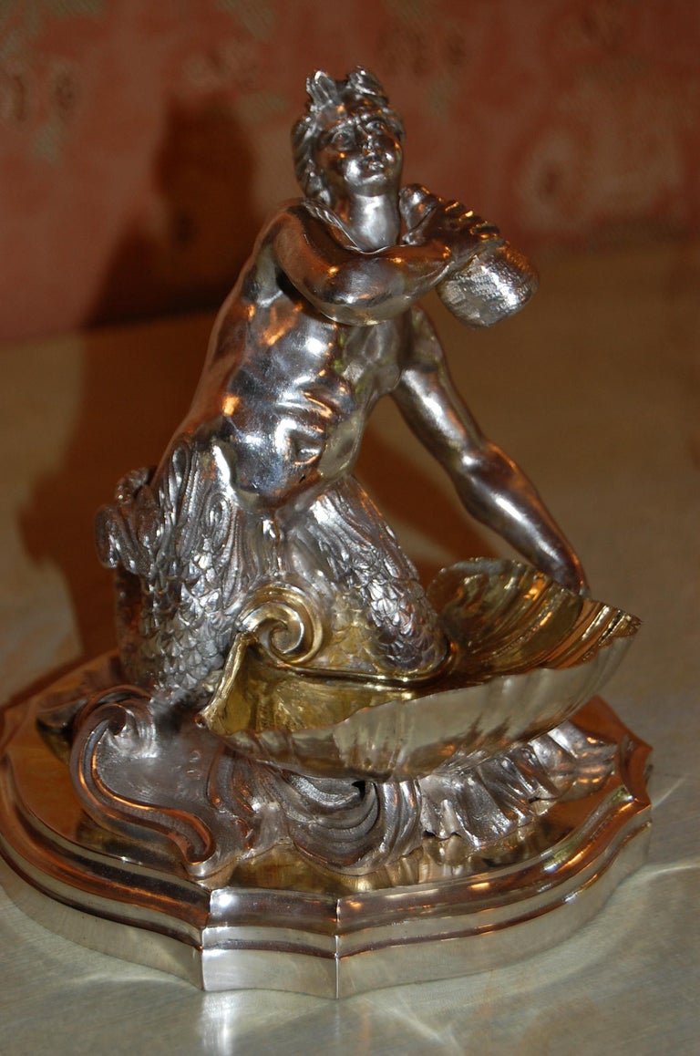 Silver Plated Candy/ Nut Bowls Depicting a Neptune God-Like Mermaid Figure, Pair For Sale 1