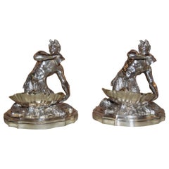 Silver Plated Candy/ Nut Bowls Depicting a Neptune God-Like Mermaid Figure, Pair