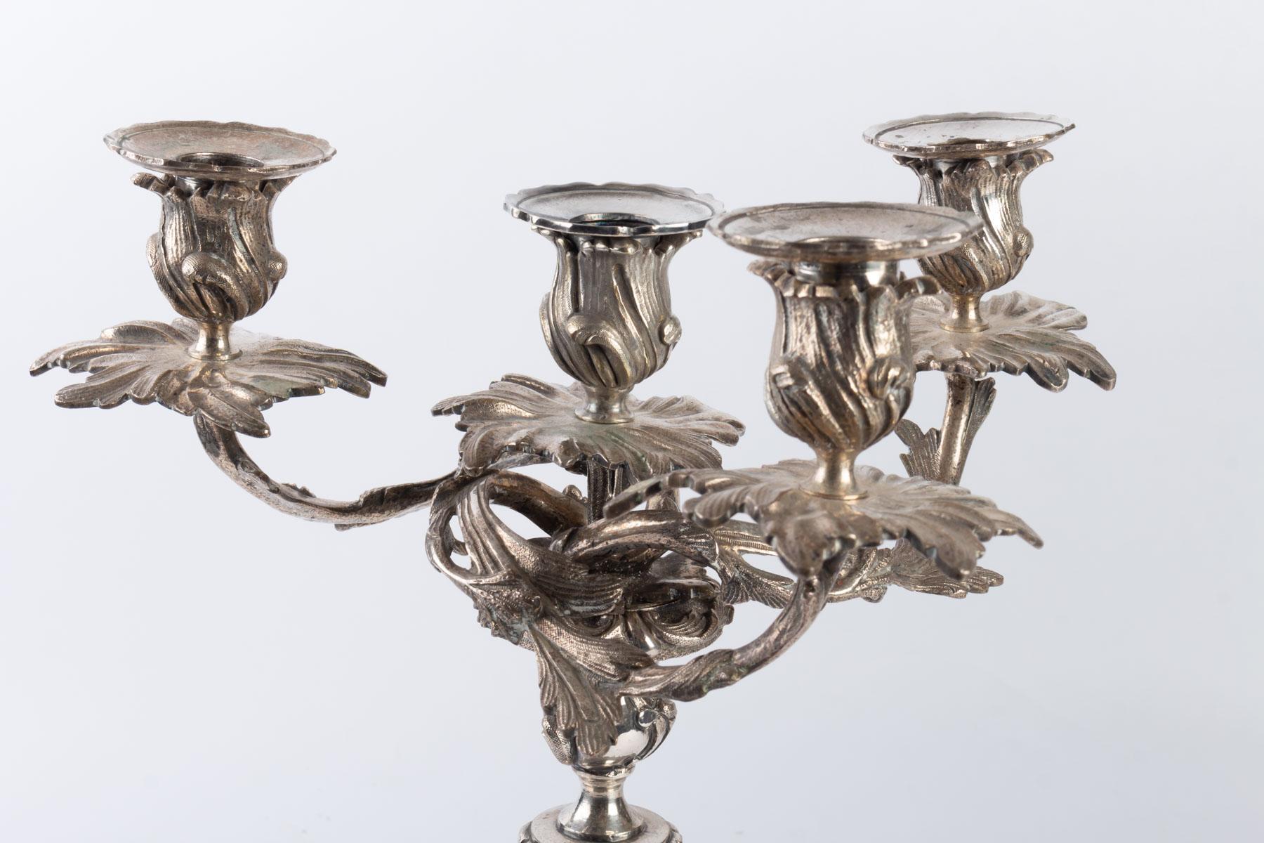 Pair of Louis XV baroque style silver plated metal candelabra, circa 1880.
Measures: H 42.5 cm, D 28 cm.