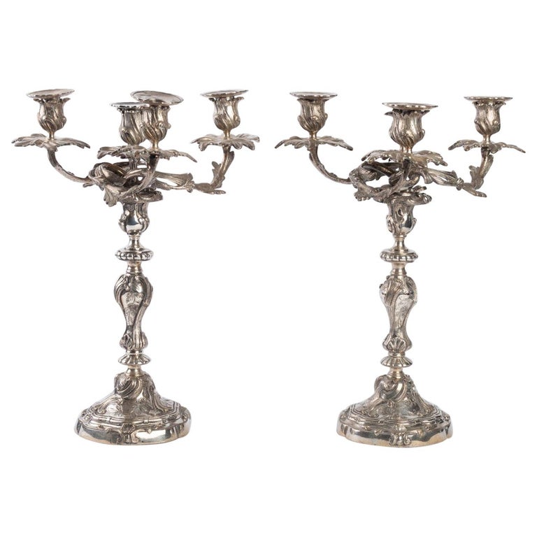 Pair of Silver Plated Metal Candelabra at 1stDibs