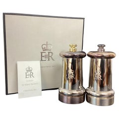 pair silver plated salt and pepper grinders Queen Elizabeth II Royal House gift