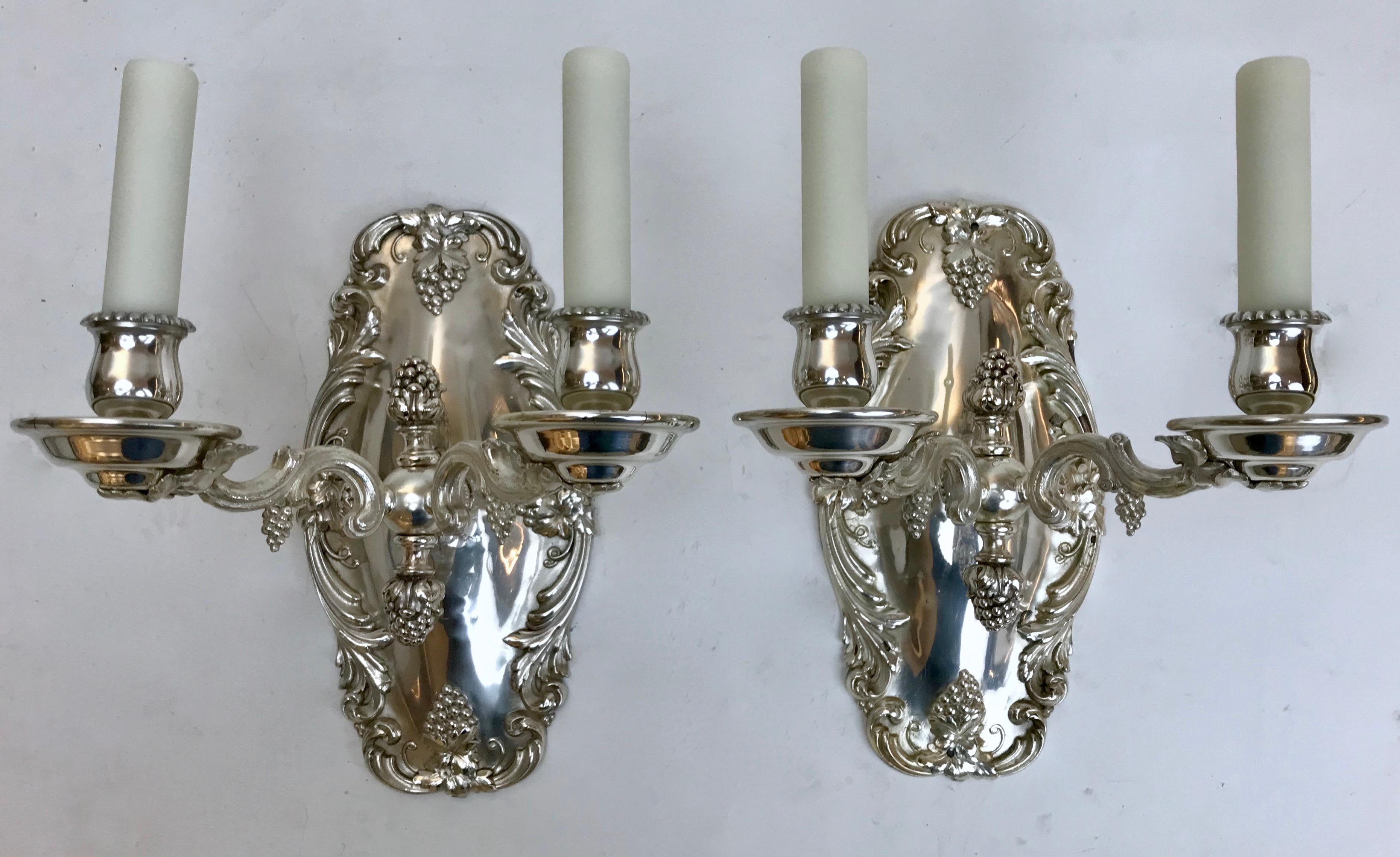 Pair Silvered Bronze Grape Pattern Sconces by E. F. Caldwell For Sale 7