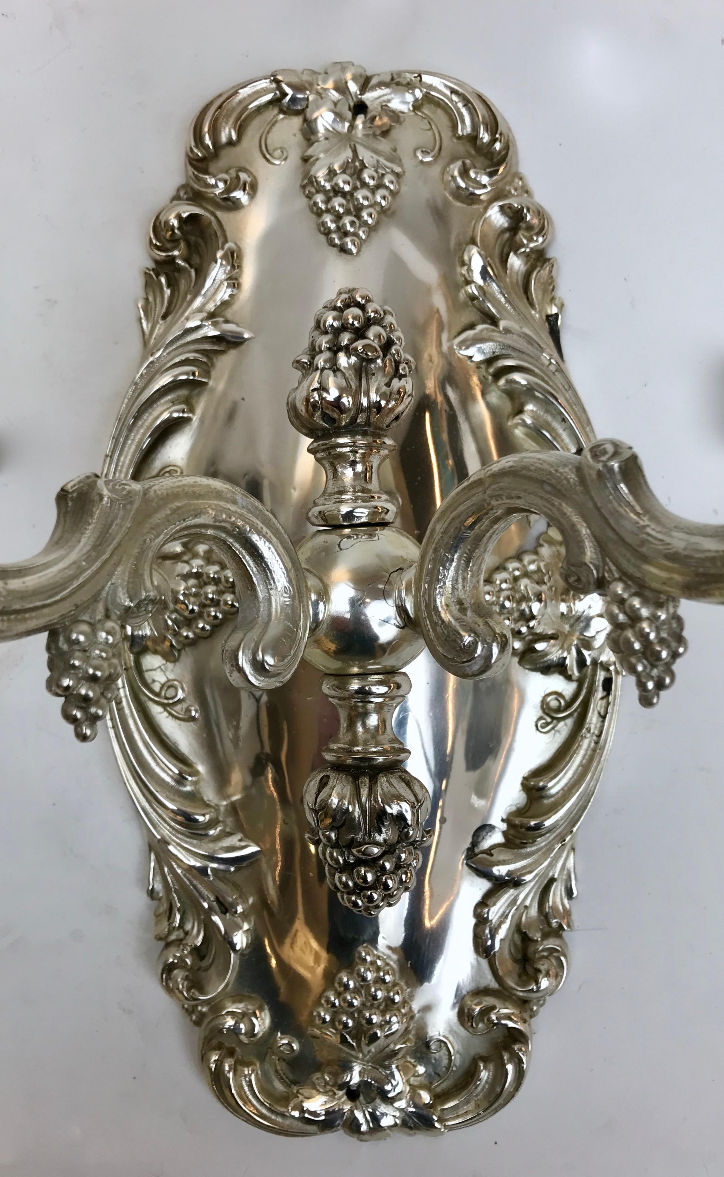 American Pair Silvered Bronze Grape Pattern Sconces by E. F. Caldwell For Sale