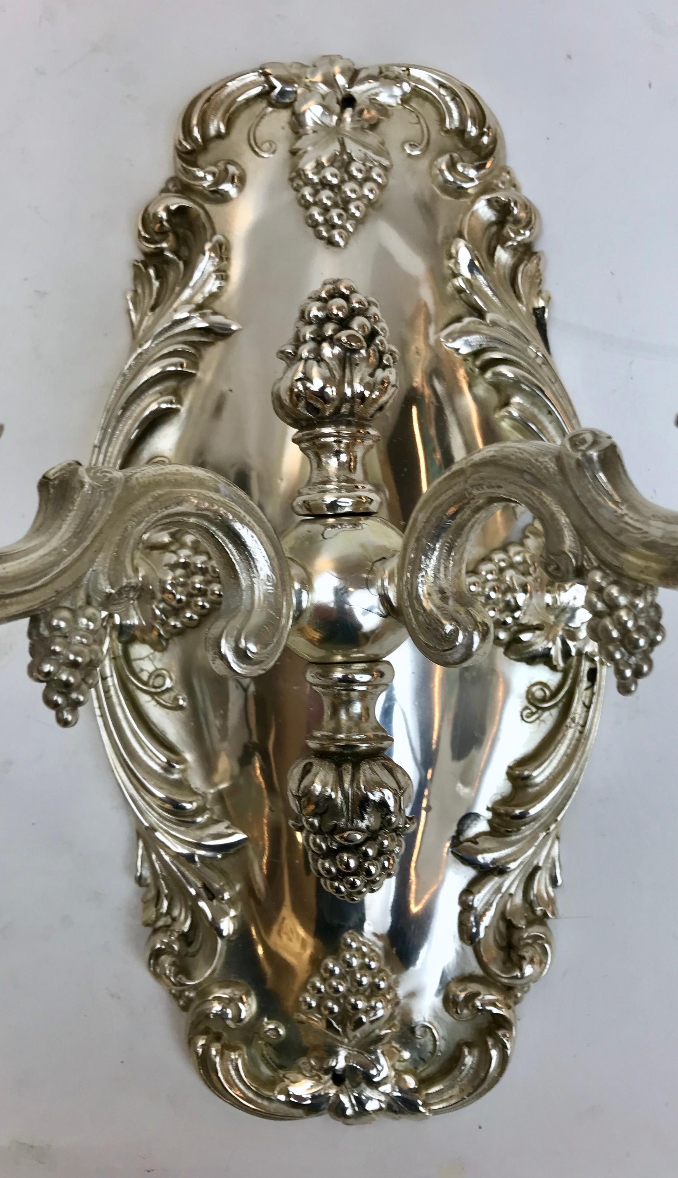 Pair Silvered Bronze Grape Pattern Sconces by E. F. Caldwell In Good Condition For Sale In Pittsburgh, PA