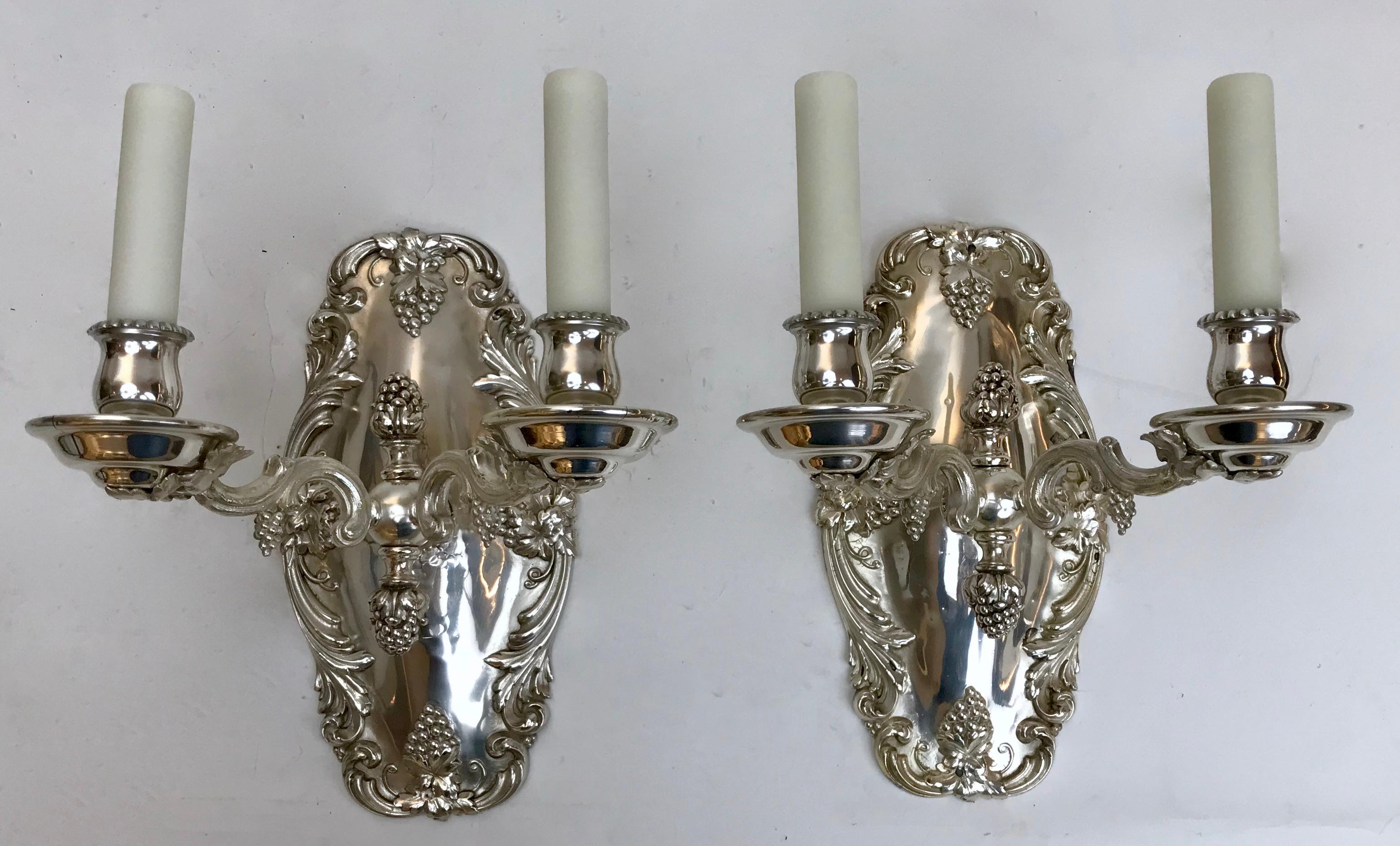 Pair Silvered Bronze Grape Pattern Sconces by E. F. Caldwell For Sale 1