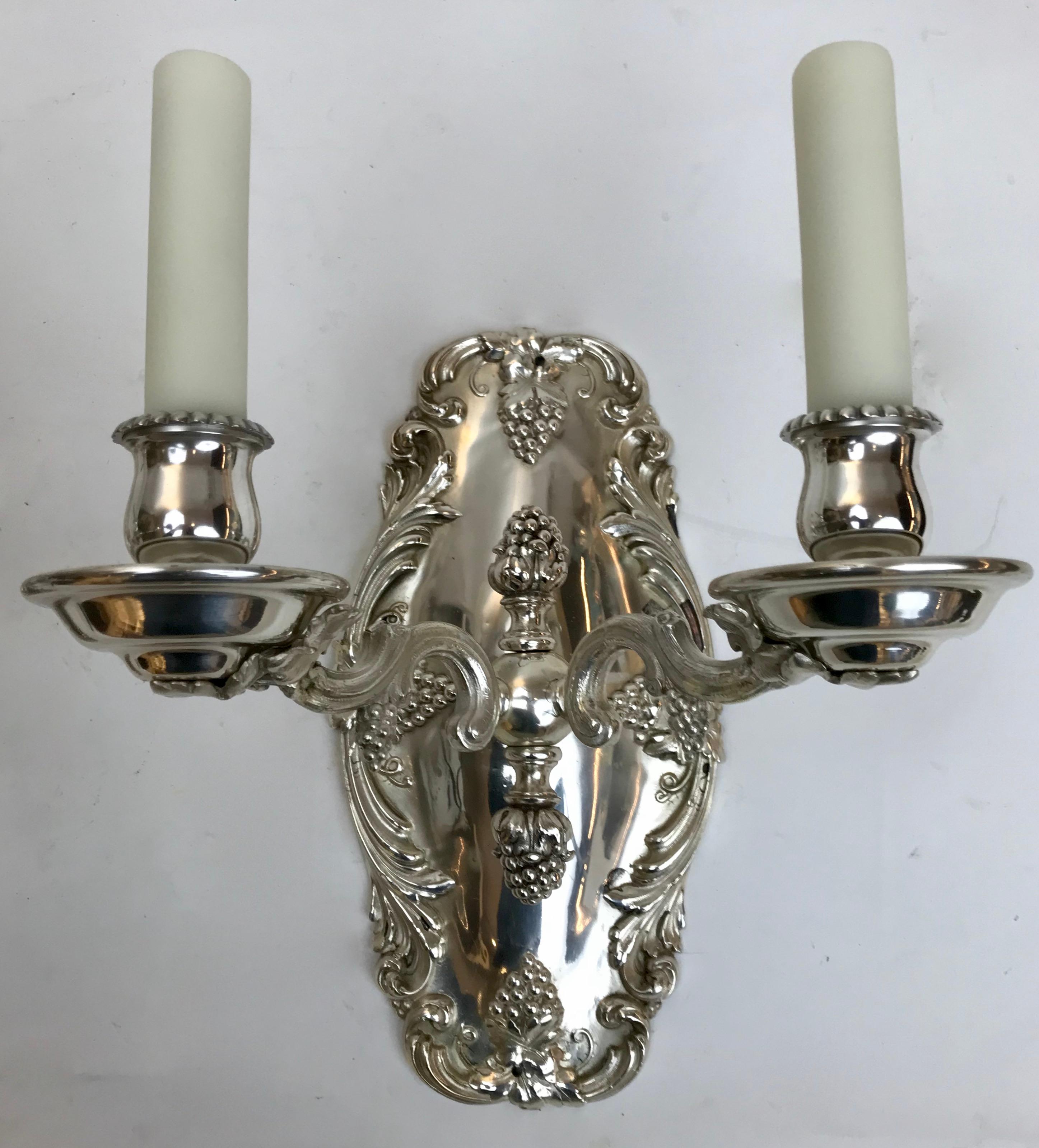 Pair Silvered Bronze Grape Pattern Sconces by E. F. Caldwell For Sale 2