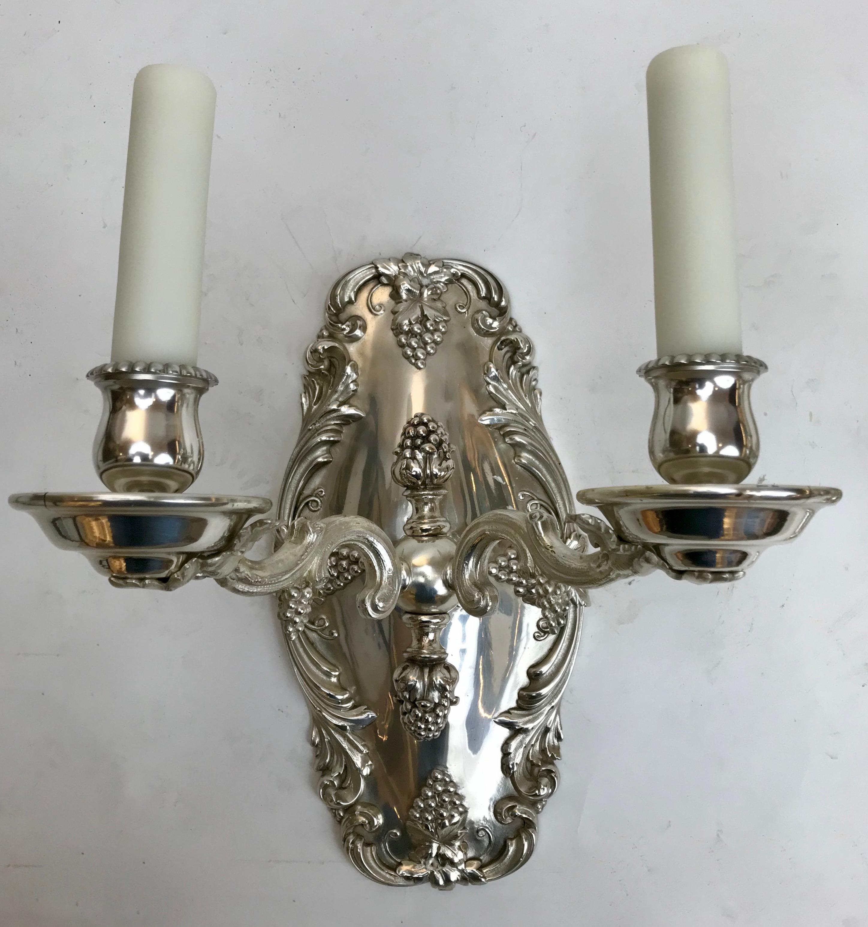 Pair Silvered Bronze Grape Pattern Sconces by E. F. Caldwell For Sale 3