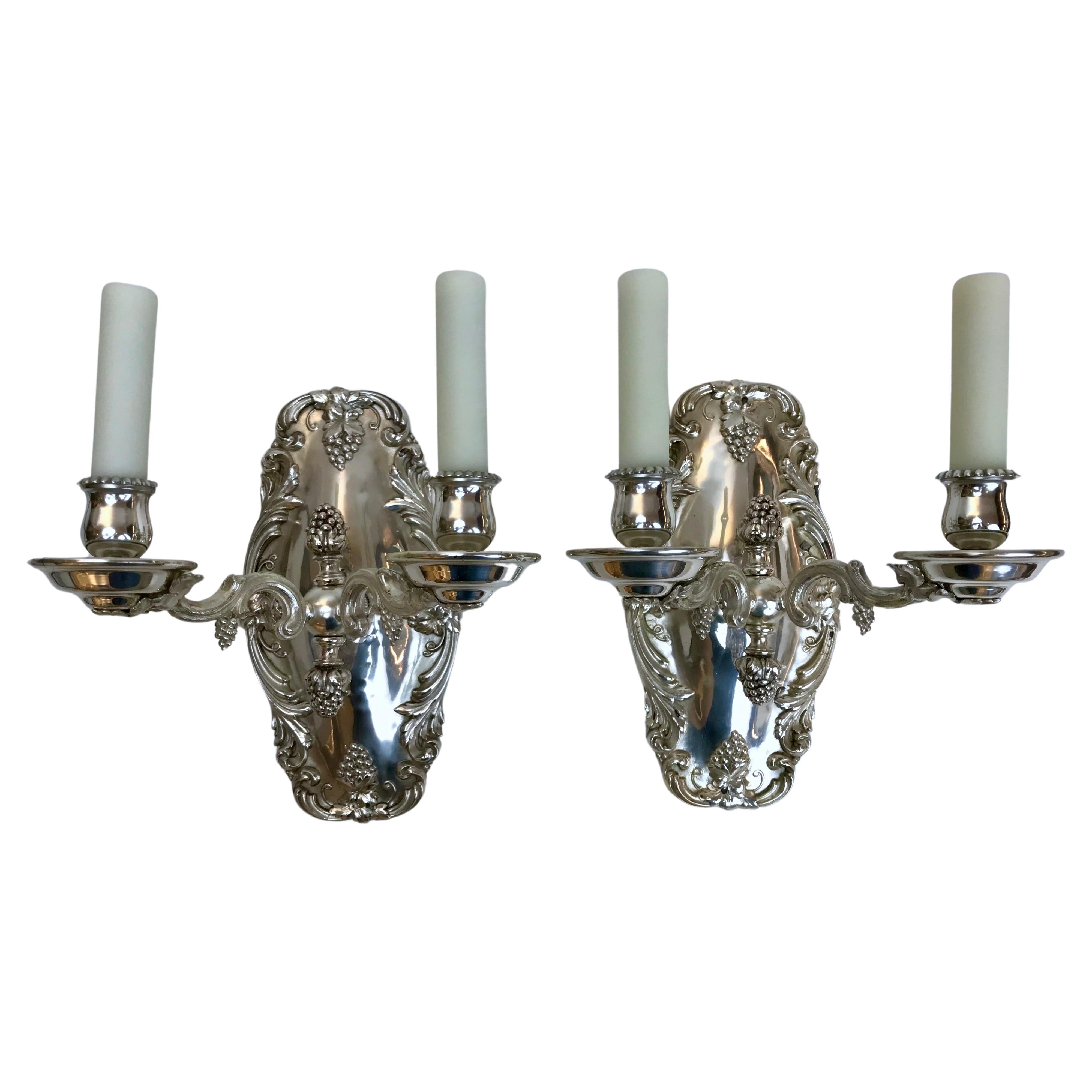 Pair Silvered Bronze Grape Pattern Sconces by E. F. Caldwell For Sale
