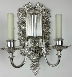 Pair Silvered Bronze Linenfold and Vintage Motif Sconces by E F Caldwell